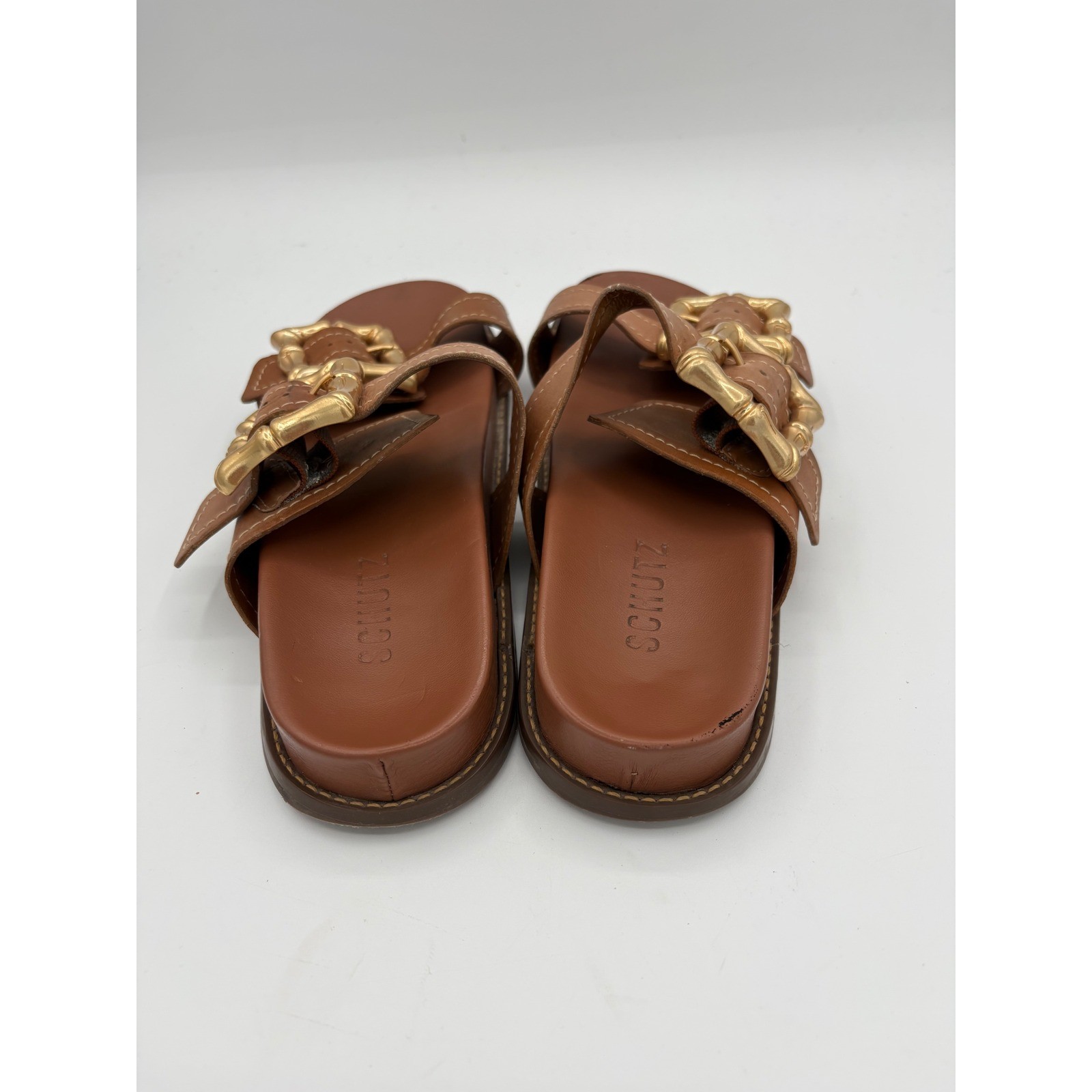 Schutz Brown Leather Slide Sandals Gold Bamboo Buckle Womens 7.5B Made in Brazil
