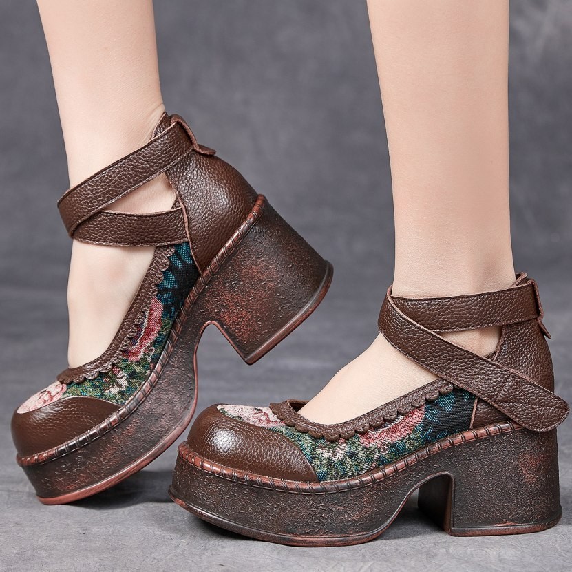 Thick Sole Mary Janes Womens Leather Round Toe Vintage Platform Pumps Shoes Hot