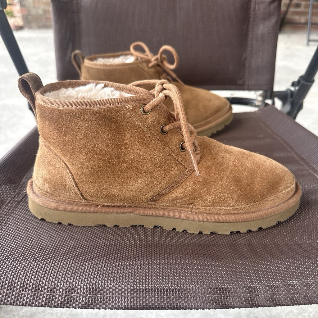 UGG Brown Suede Chukka Ankle Boots Lace-Up Lined Fur Trim Round Toe US 7