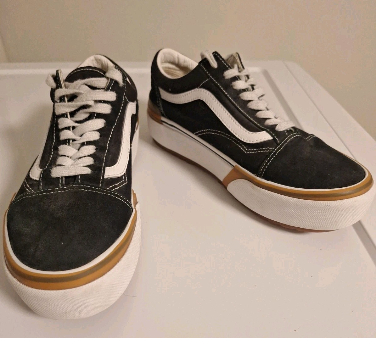 Vans Old Skool Stackform Platform Sneakers Black White Gum Men 9.5 Women’s US 8