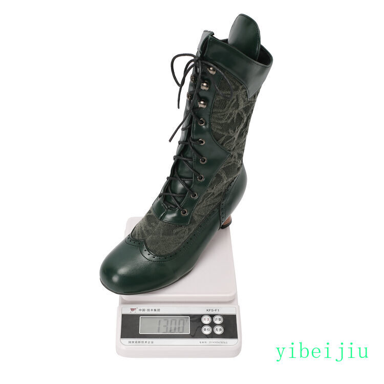 Women’s Mid Calf Kitten Heel Ankle Boots Lace Up Leather Shoes Leather Vintage