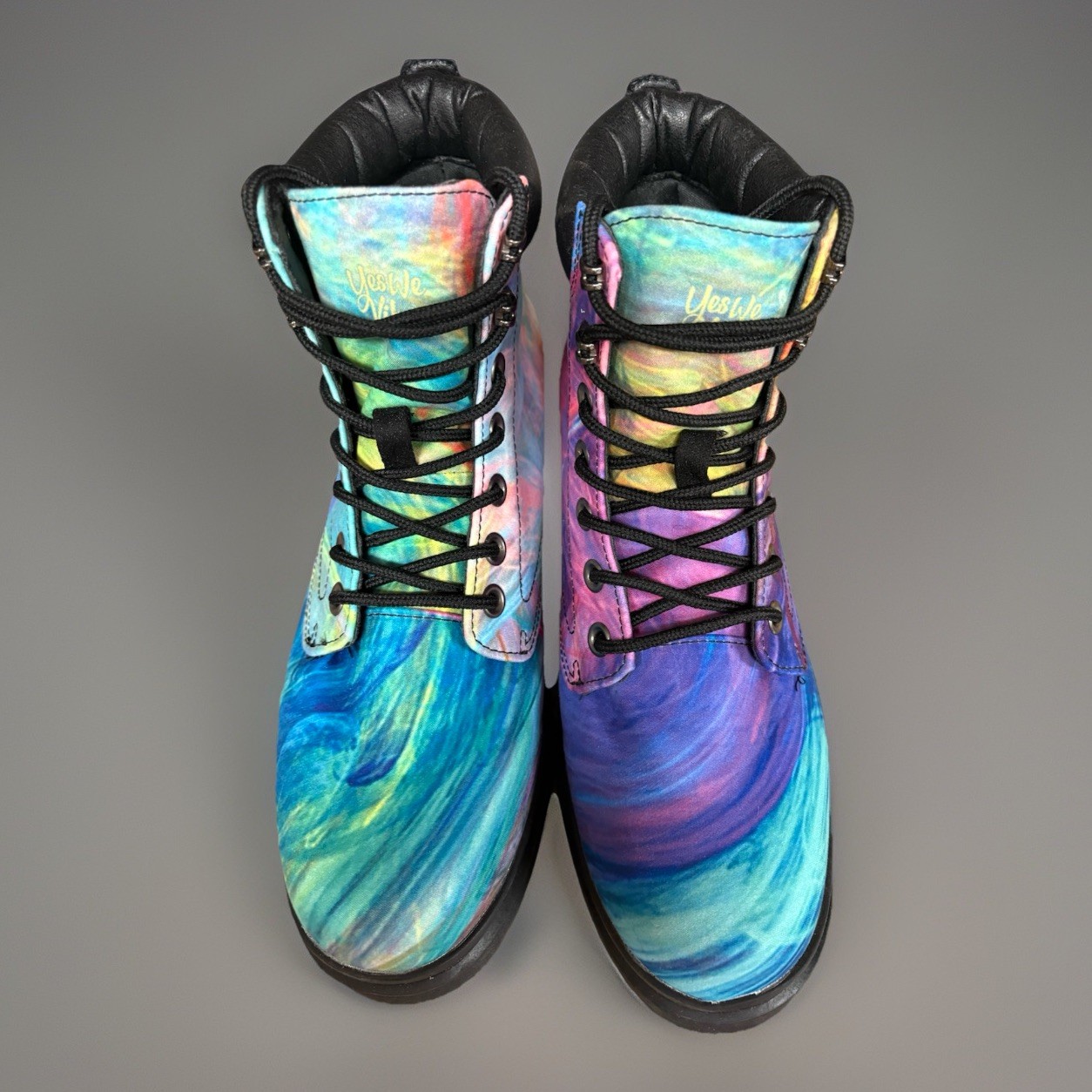 Yes We Vibe – Unisex Combat Boots – “Happy Hippie In Colors” 8M/9.5W. NEW