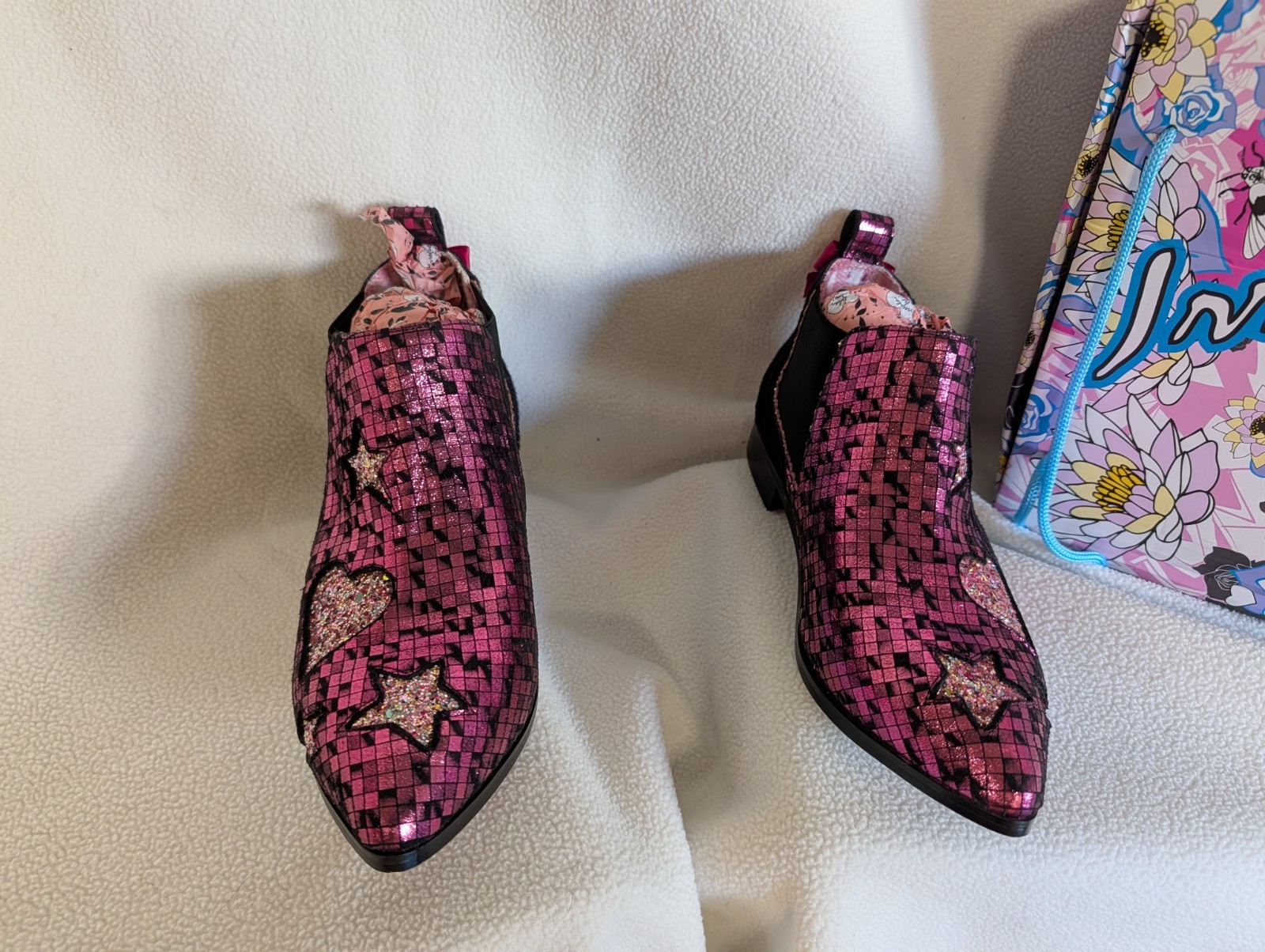 Irregular Choice Starlight Impress Pink Glitter Chelsea Boots UK 39/US 8 NIB