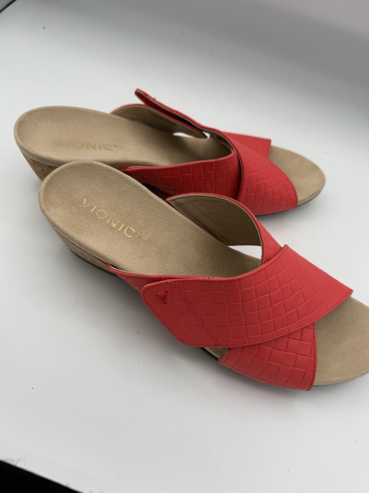 Vionic Leticia Pink Leather Basket Weave Cork Wedge Sandals Women 11 Adjustable