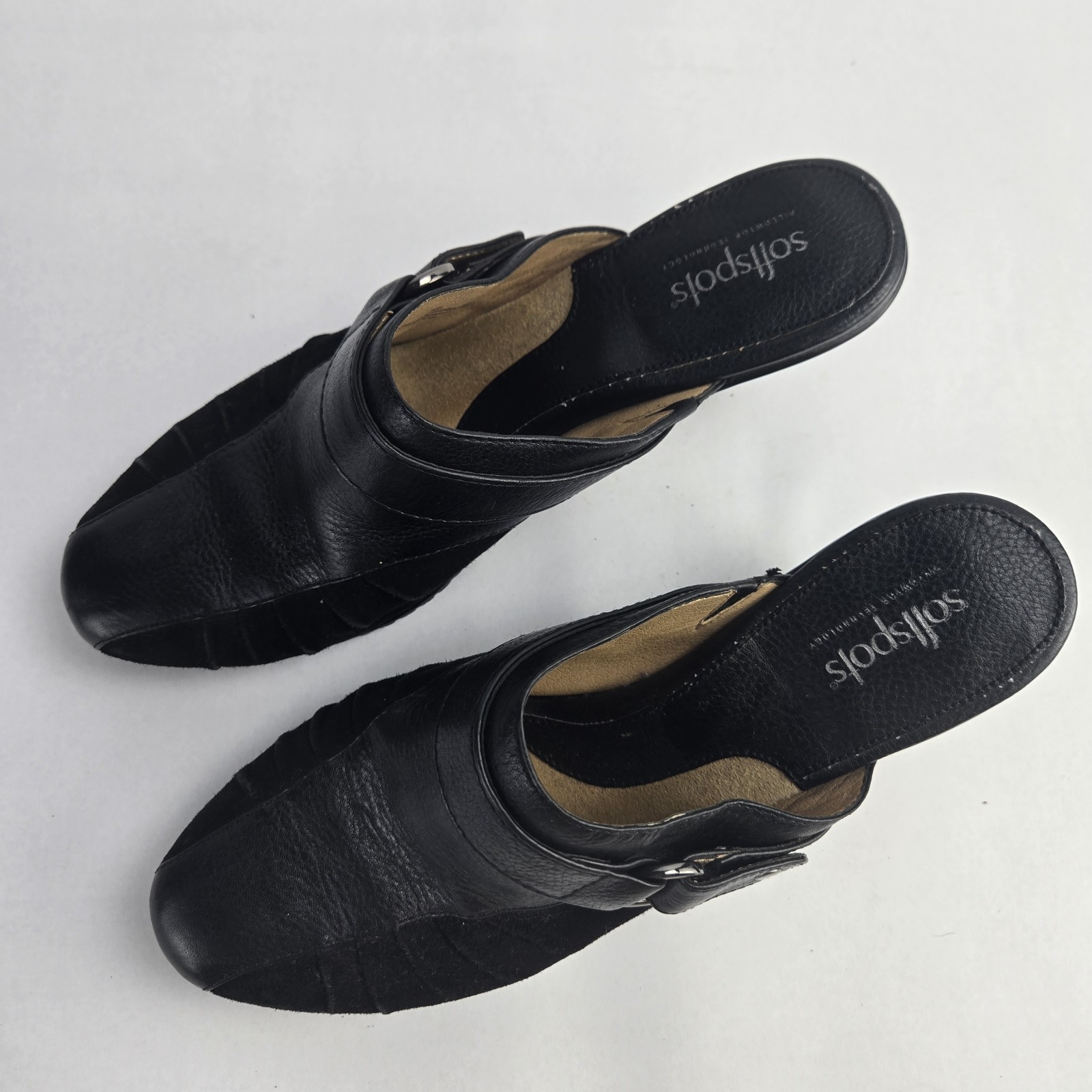 Softspots Slip On Mules Women’s 8M Black Suede/Leather Shoes 2.5in Heel 735701