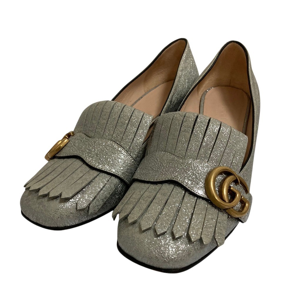 GUCCI GG Marmont Fringe Glitter Pumps, Size 37, Silver color. Women USED