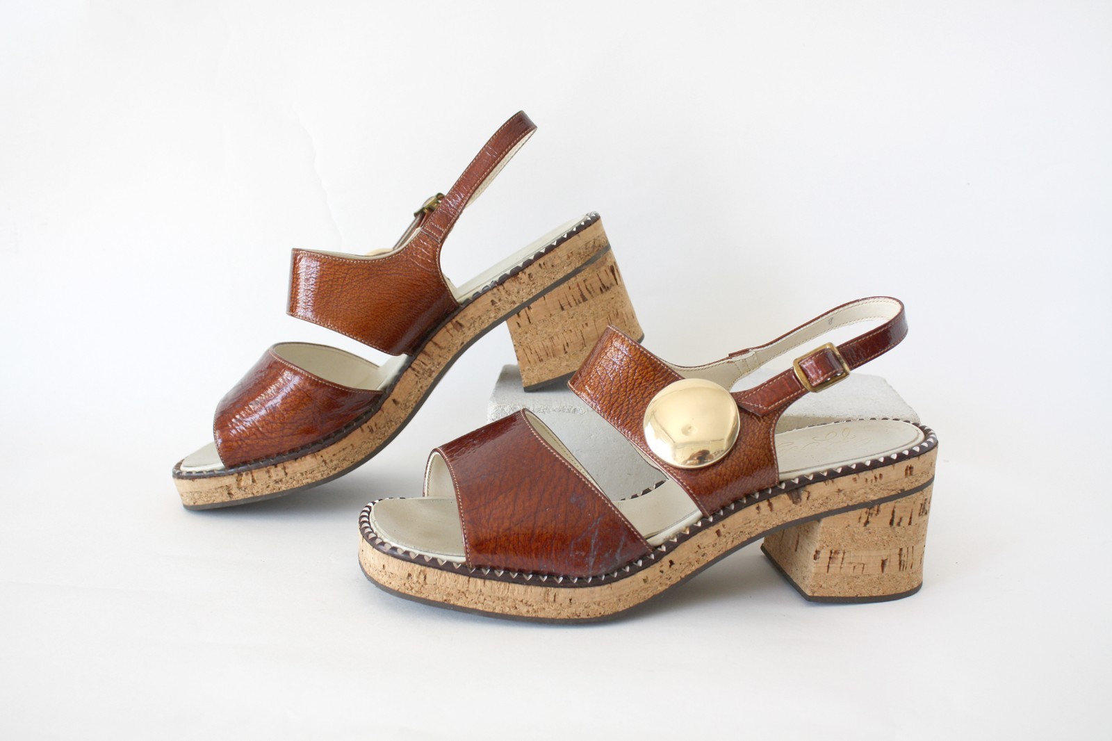 1960s Brown Open Toe Shoes with Gold Accents Block Heel and Cork Sole
