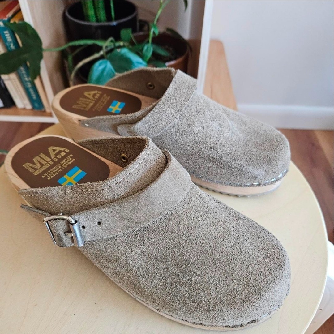 mia taupe suede leather slides mules clogs retro boho cottage hippie indie urban