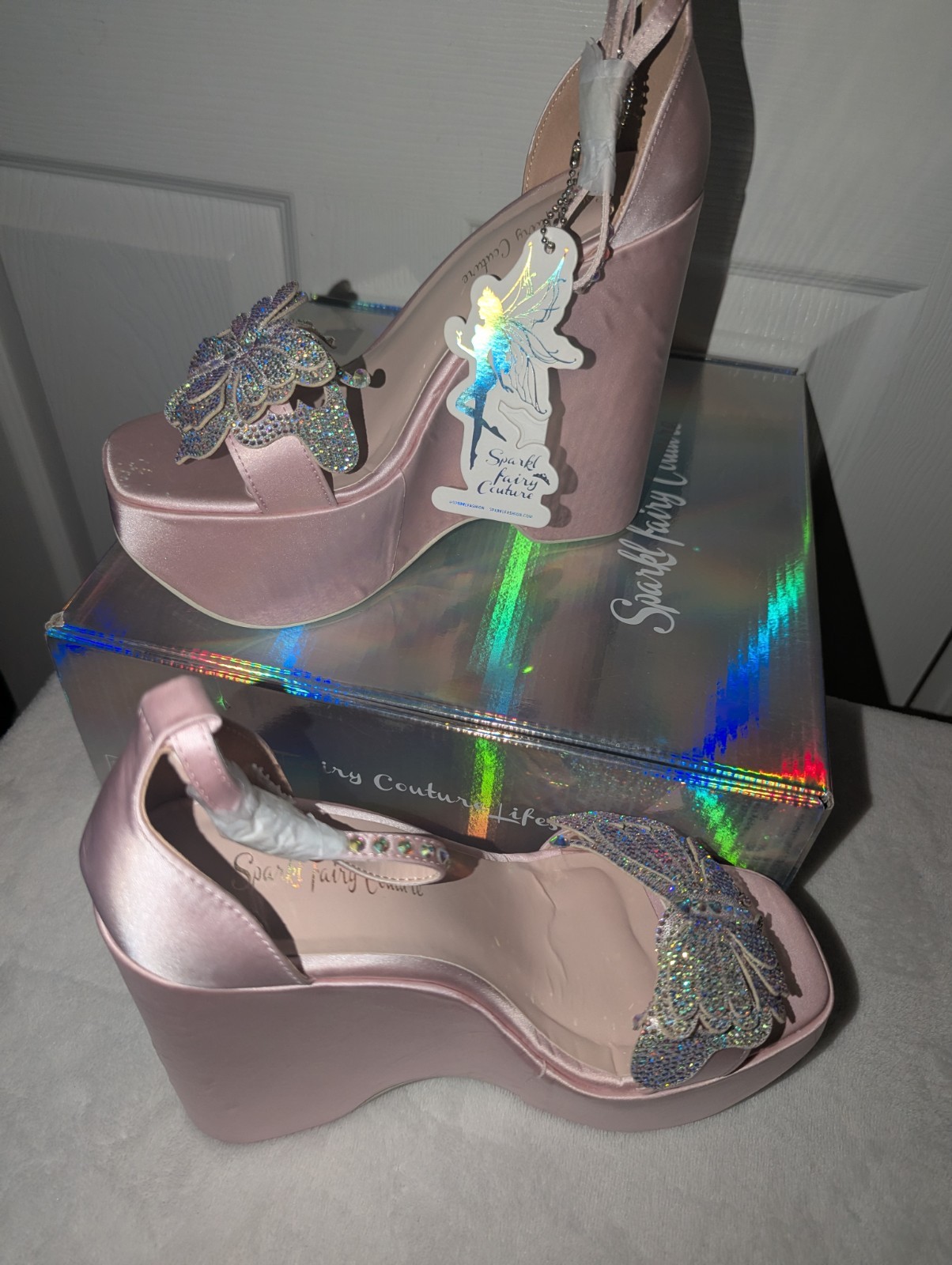 Sparkl Fairy Couture Butterfly Princess Pink Rhinestone Platform Wedges Sz 9 NIB