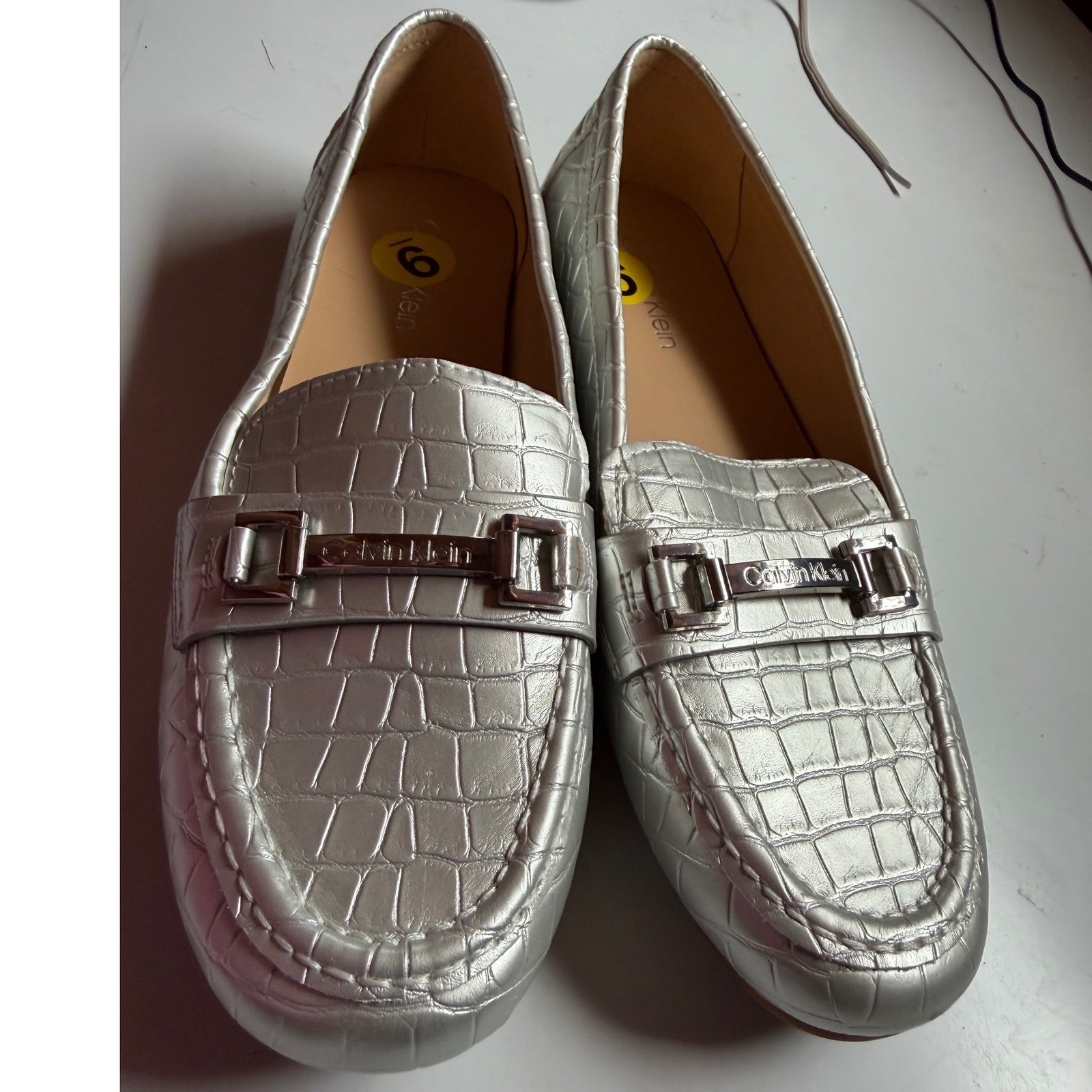 Calvin Klein Lolina Silver Croc Embossed Metallic Loafers Driver Flats 9M