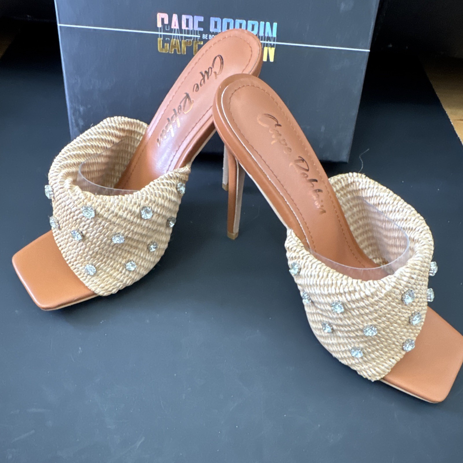 Cape Robbin Beige/Brown Woven Fabric Rhinestone Mule Square Toe Stiletto US 10