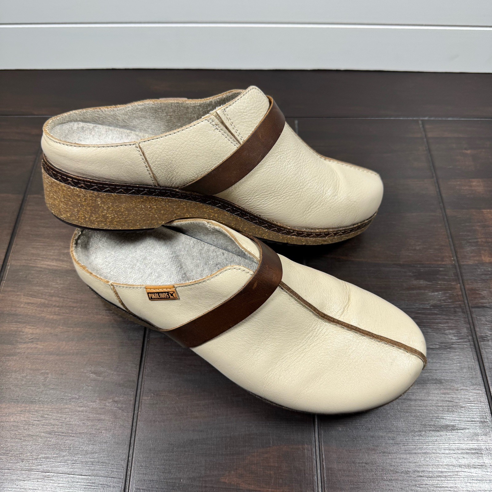 Pikolinos Granada Women’s Medium Heel Clogs Marfil Calfskin Leather Sz 39