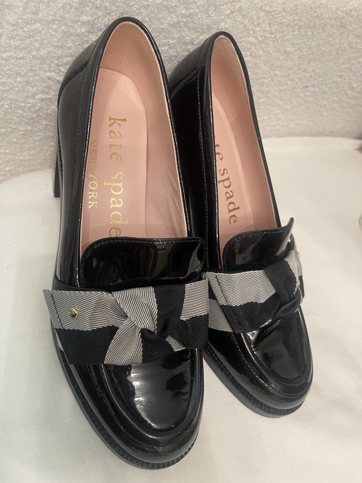 Kate Spade New York Black/Gray Patent Leather Plaid Bow Loafers Women’s 6.5 B