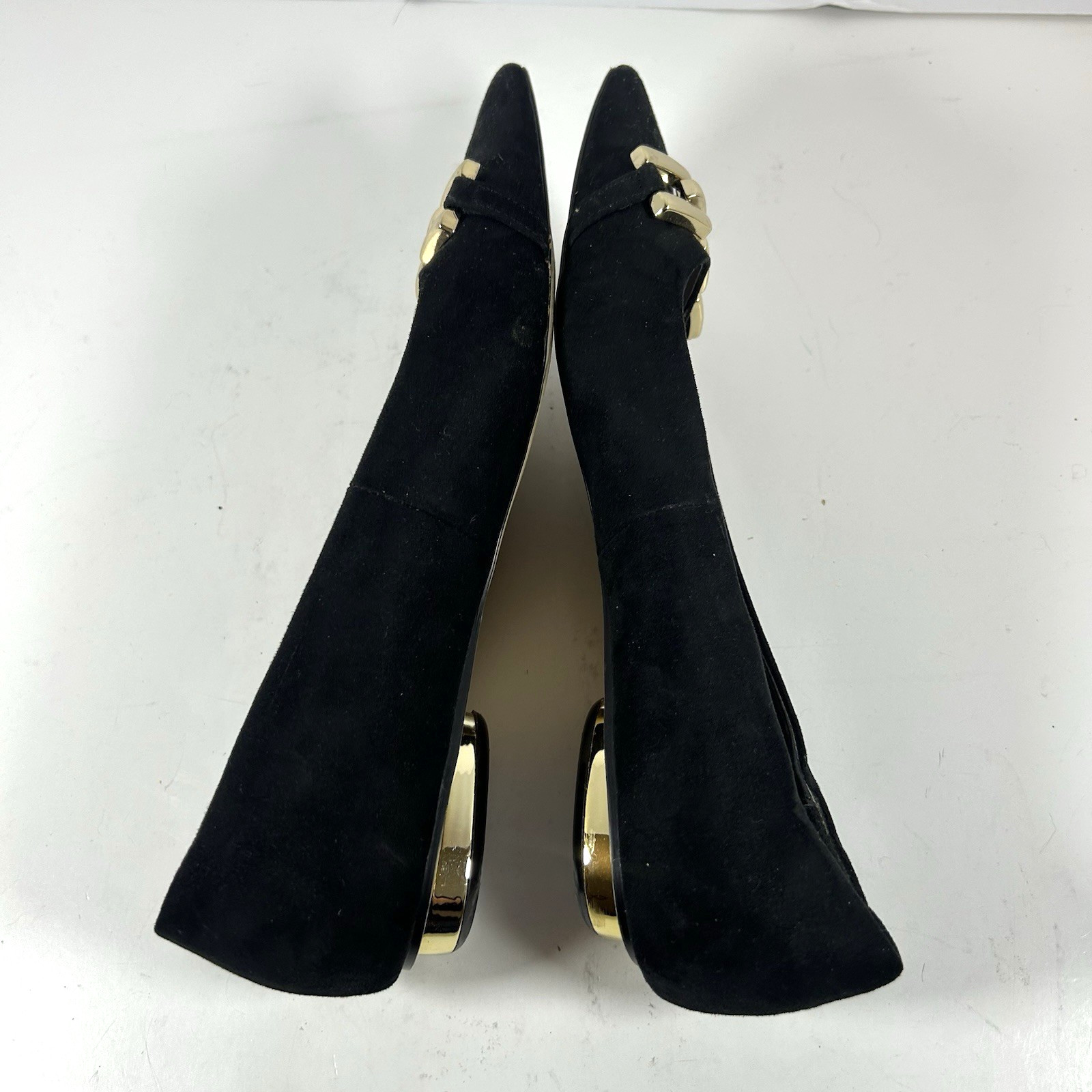 ZARA Black Suede Pointed Toe Flats with Gold LInk Chain & Gold Rimmed Heel