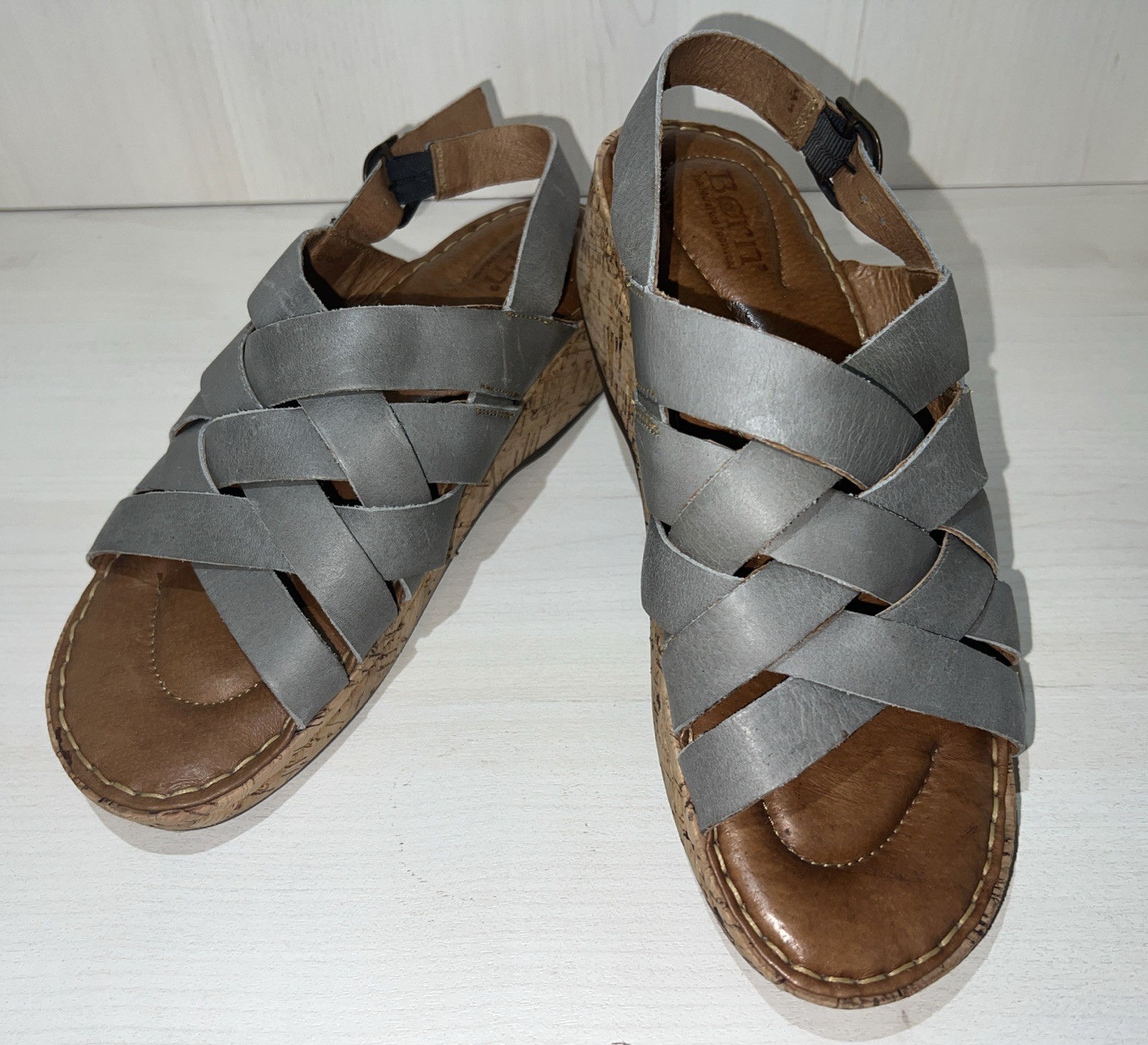 Born LAILA Gray Leather Cork Wedge Slingback Sandals Size 9M (40.5) EUC