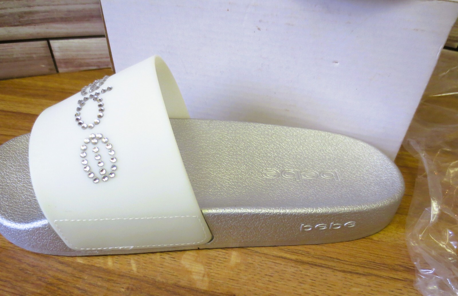 Bebe Sandal Women’s Dahlia Size 8 Silver Frost Slides Rhinestones NEW NWT