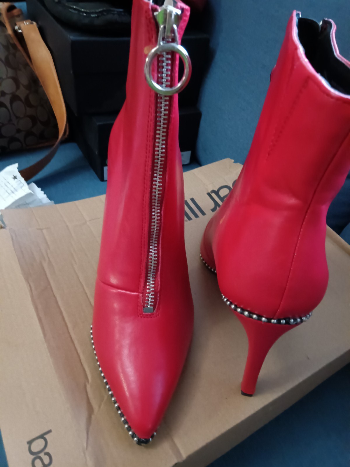 Macy’s Bar III Red Studded Zipper Pointed Toe Ankle Bootie Faux Leather 7M