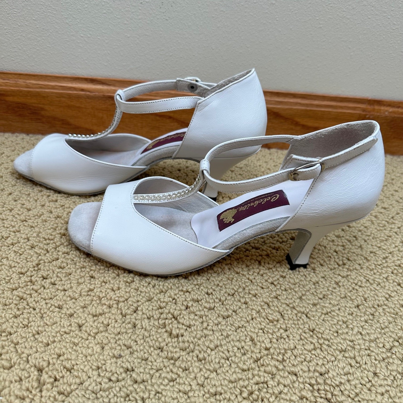 Celebrity Womens Dance Shoes Ballroom Latin T- Strap Heels Rhinestones White 9.5