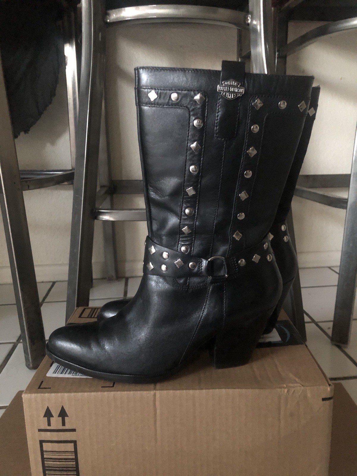 Harley Davidson Western Studded Cowboy Boots Womens 8 Black Logo Zipper Leather