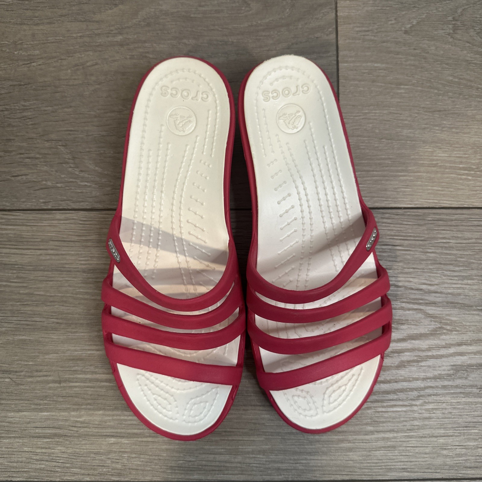 Crocs Women’s Size 7 Rhonda Wedge Four Strap Raspberry Strappy Sandals Pink