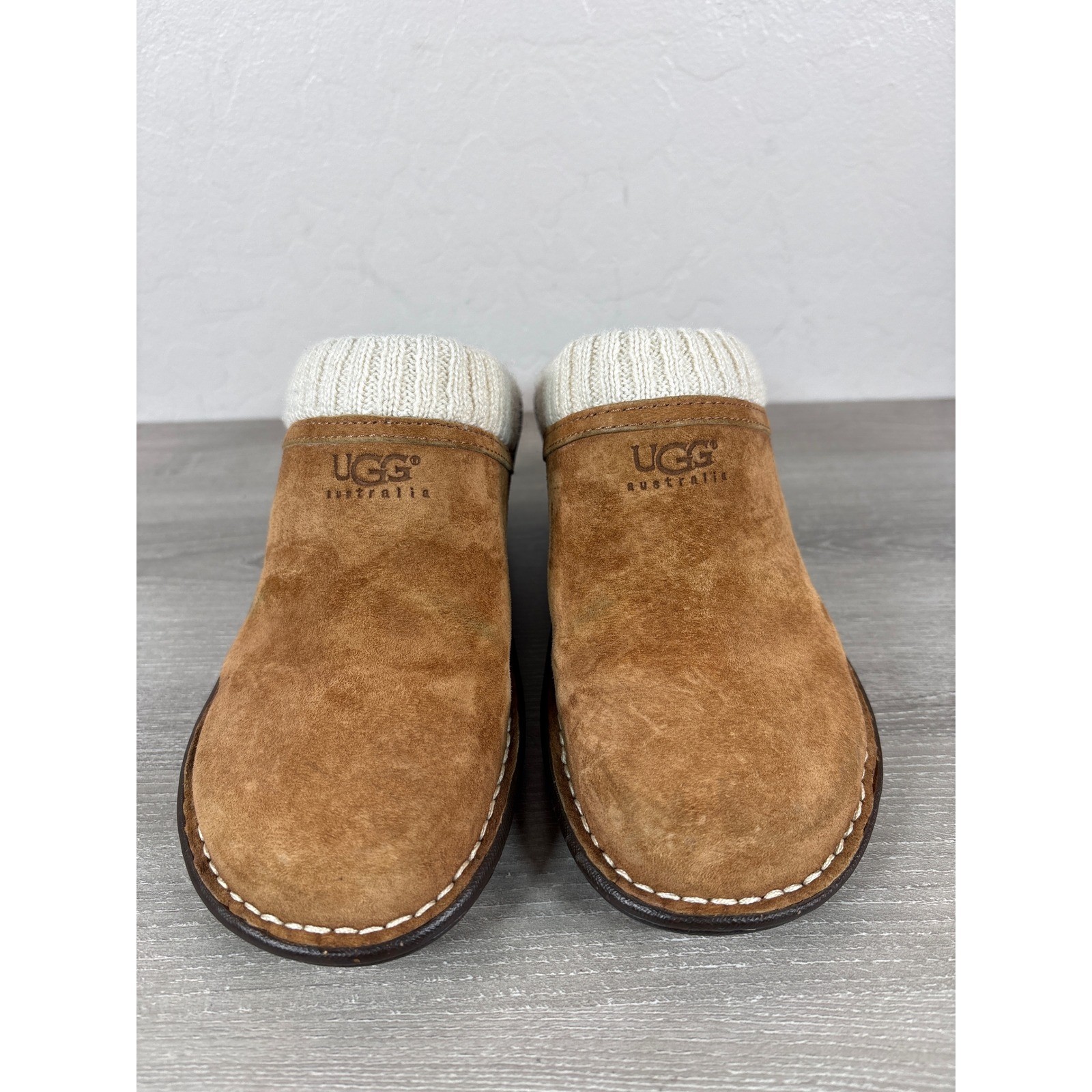 UGG Australia 1934 Chestnut Suede Knit Collar Shearling Wedge Clog Mules Wmns 7