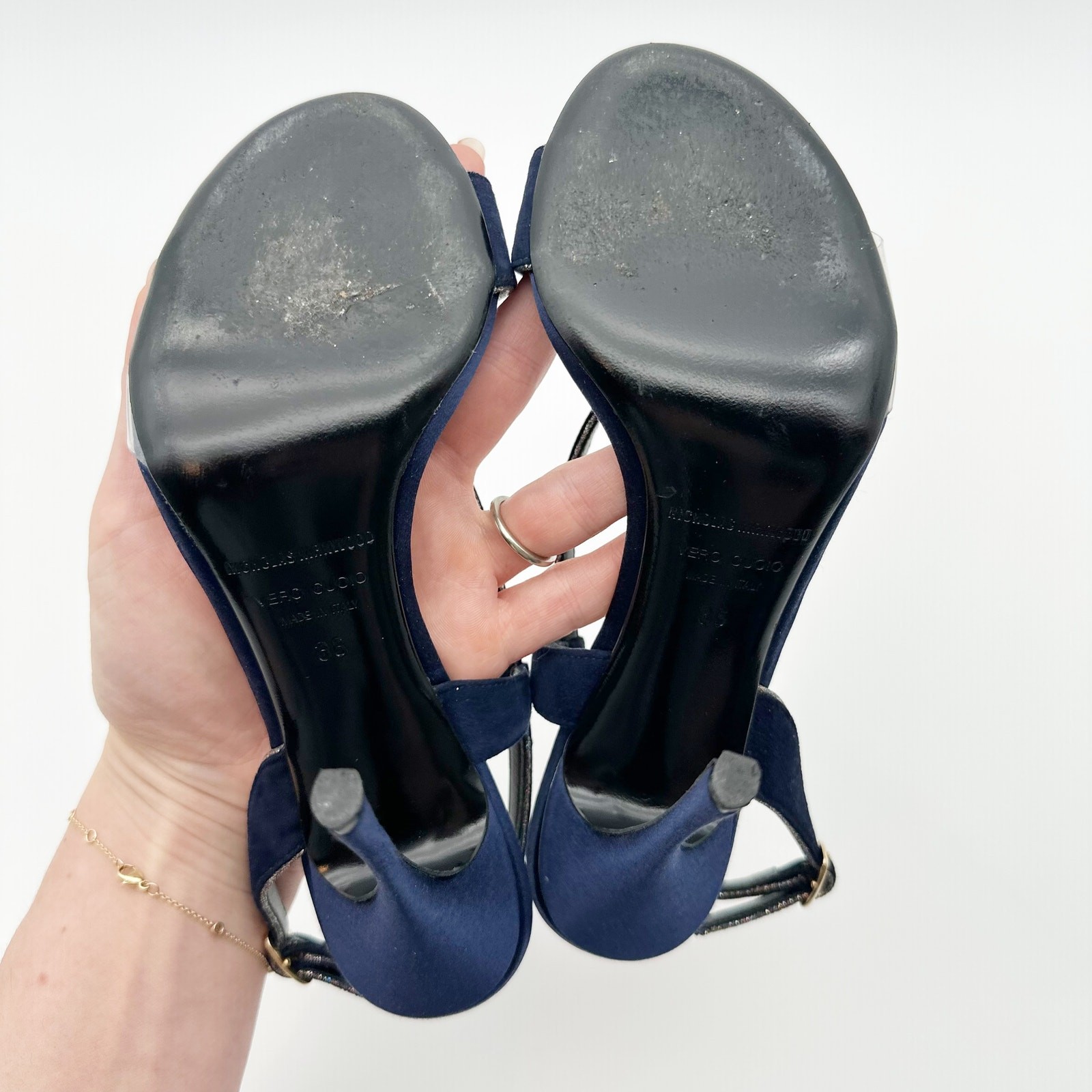 Nicholas Kirkwood Sandals Heels Navy Blue Suede Slingback Glitter Trim PVC 36