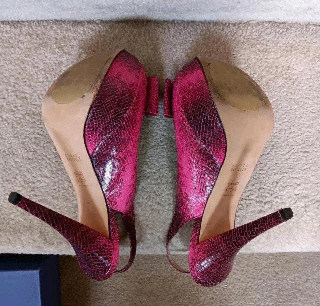 Stuart Weitzman Fuschia Snakeskin Slingback Peep-Toe Platform Stilettos Sz 10