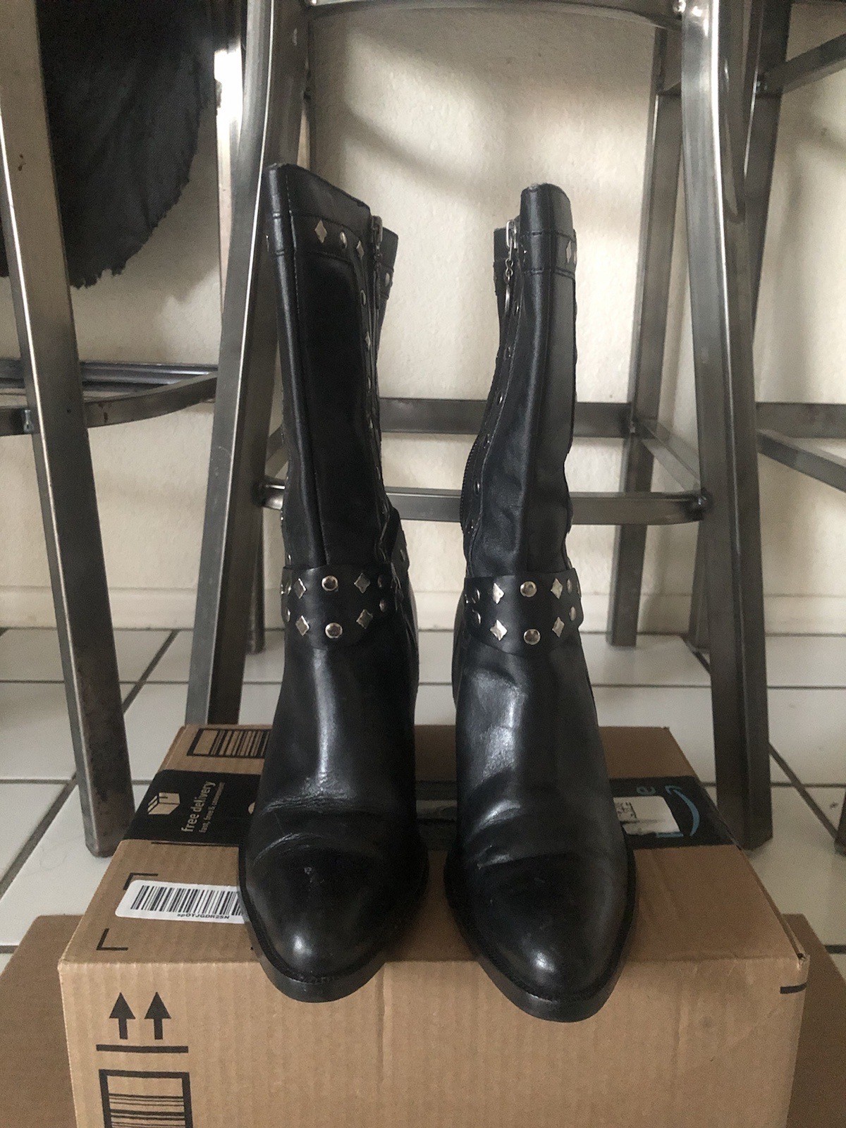 Harley Davidson Western Studded Cowboy Boots Womens 8 Black Logo Zipper Leather