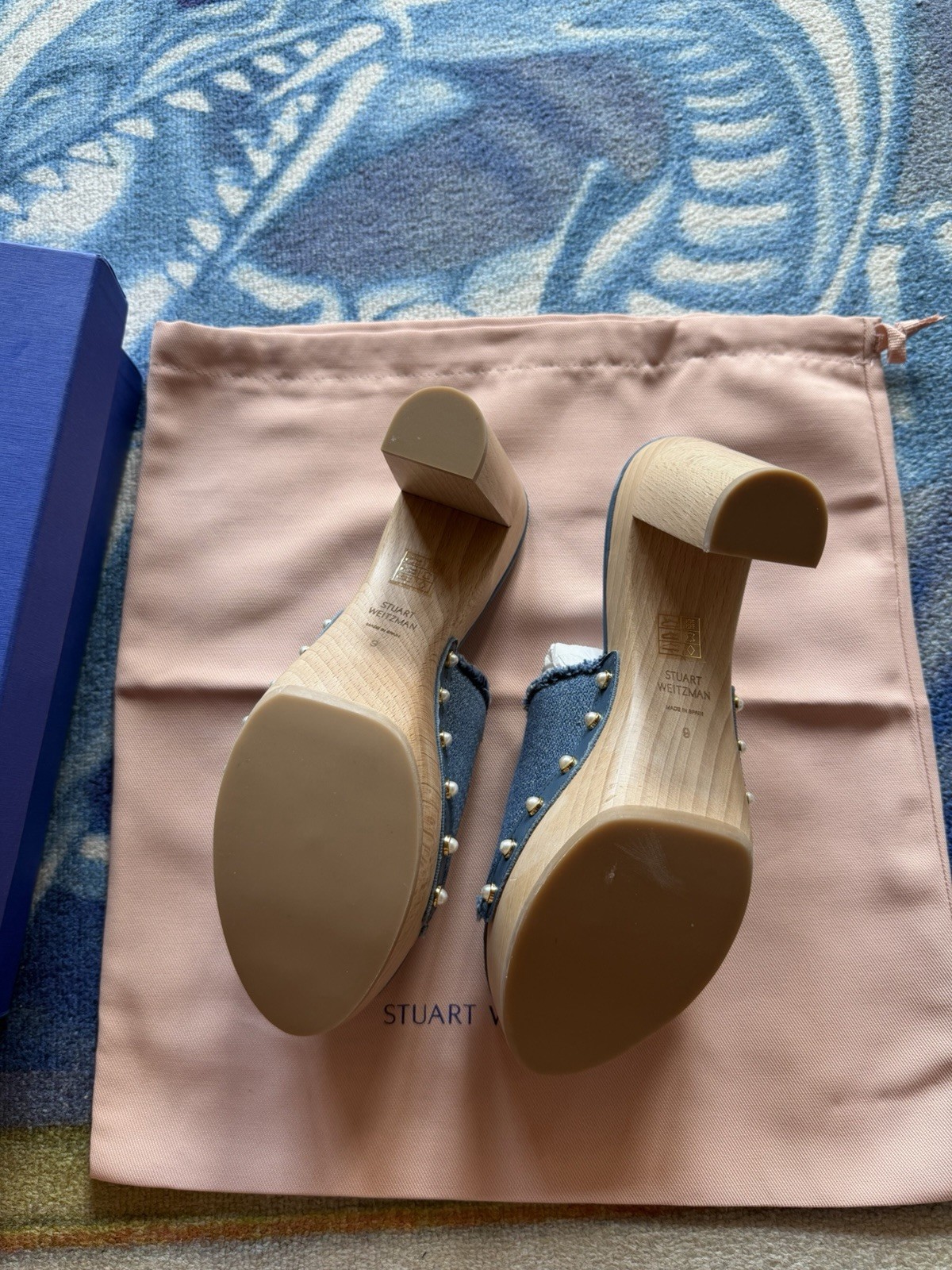 NIB $450 Stuart Weitzman Pearl Clog 85 Sandal Denim Blue Spain BOHO Size 9 AA