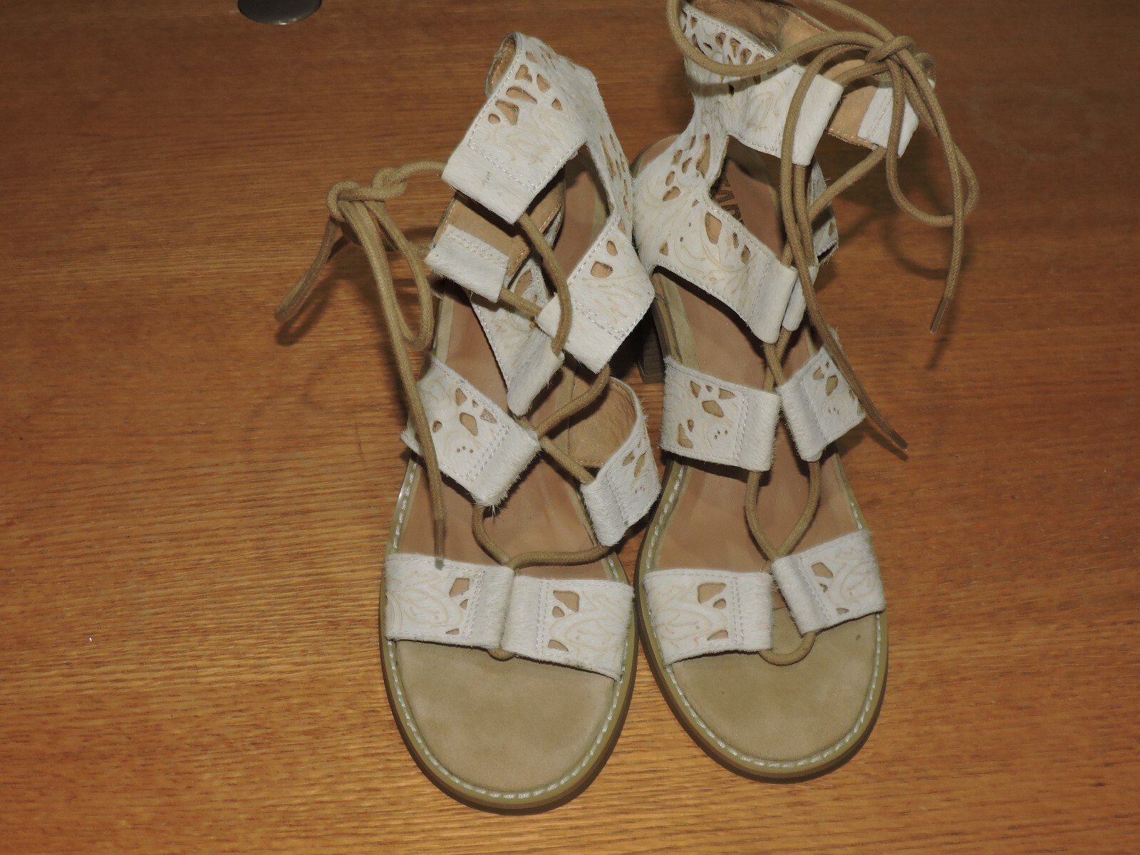 Faryl Robin Brand Beige Lace Up Ankle/gladiator Sandal 3.75″Block Heels SZ 8.5M