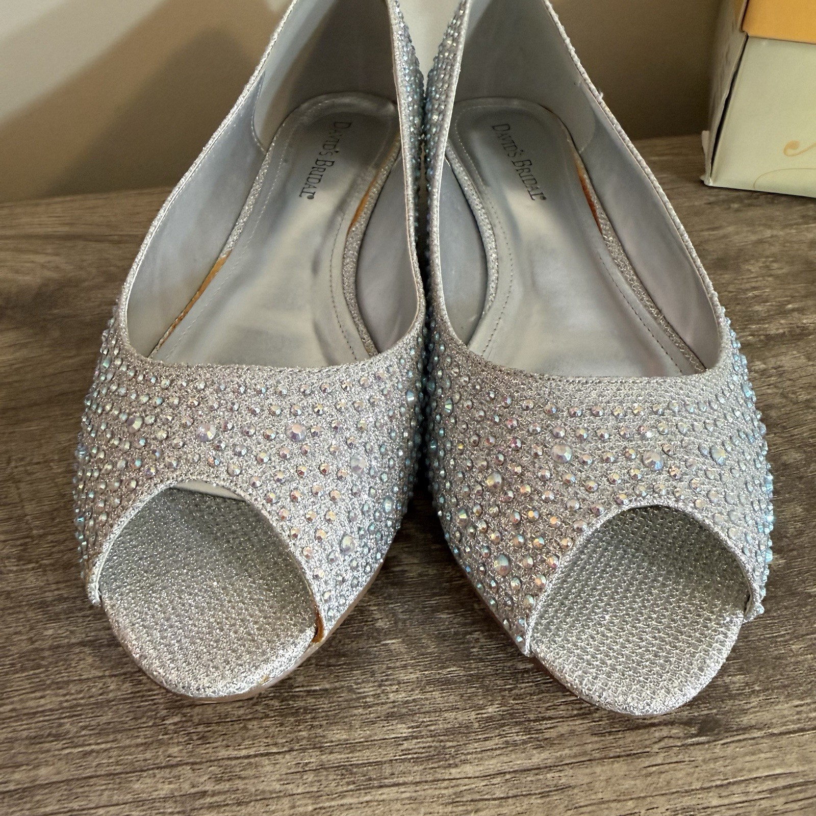 Michaelangelo David’s Bridal Silver Rhinestone Wedge Peep Toe Dress Shoes Sz 11