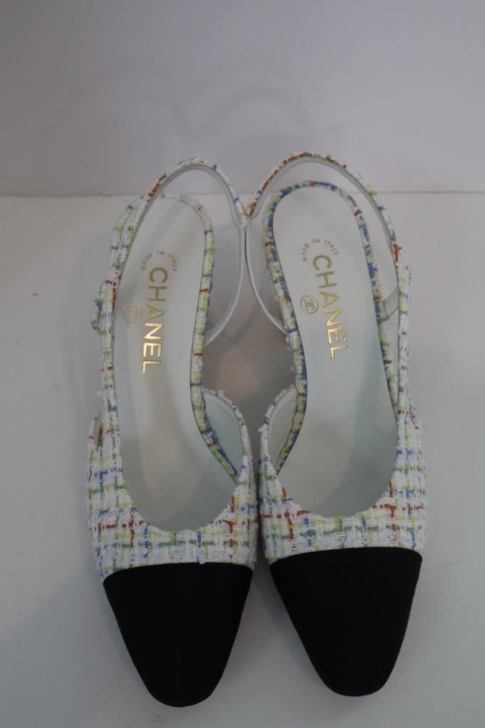 CHANEL White Multicolor Tweed/Black Grosgrain Cap Toe Slingbacks 38.5/US 8.5