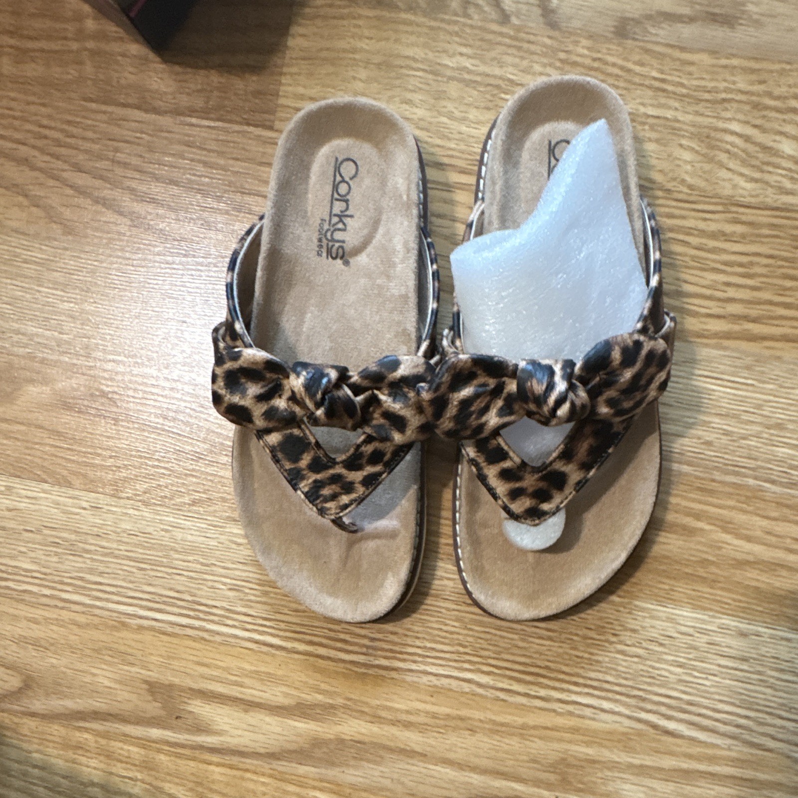 Corkys Women’s Leopard Animal Print Bow Leather Thong Slide Sandals US 8 B