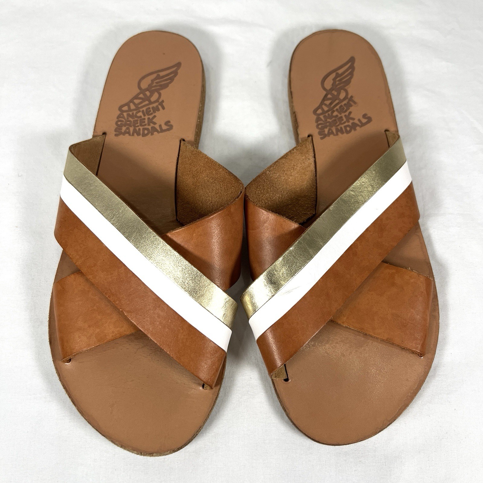 Ancient Greek Sandals Brown Leather Slide Gold White Stripe US 7 EU 38 Chic