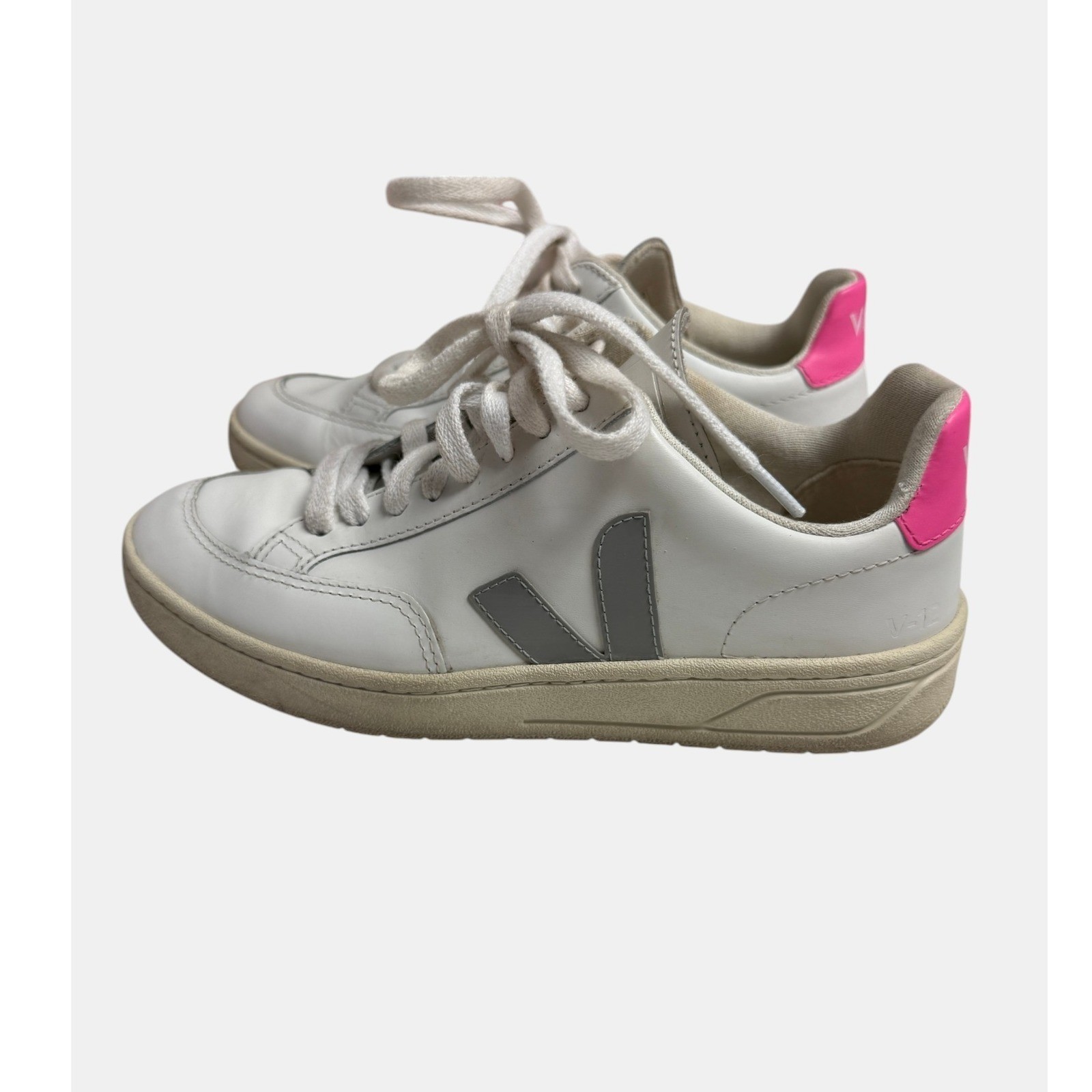 VEJA V-12 Sneakers Womens EU36/US5 White Hot Pink Leather Minimalist Casual EUC