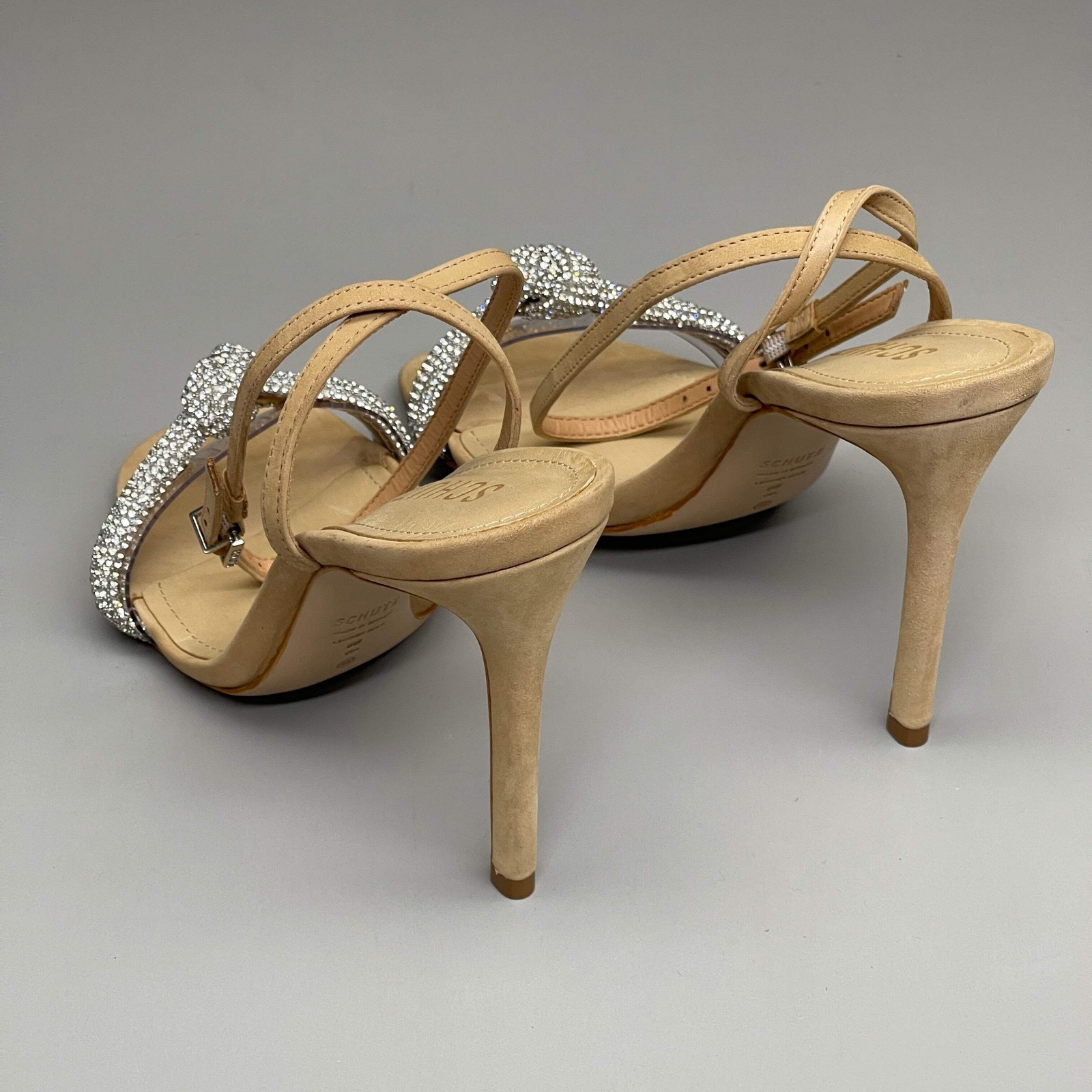 SCHUTZ Peaky Nubuck & Vinyl Multimaterial Women’s Sandal Heel Light Nude Sz 7.5B