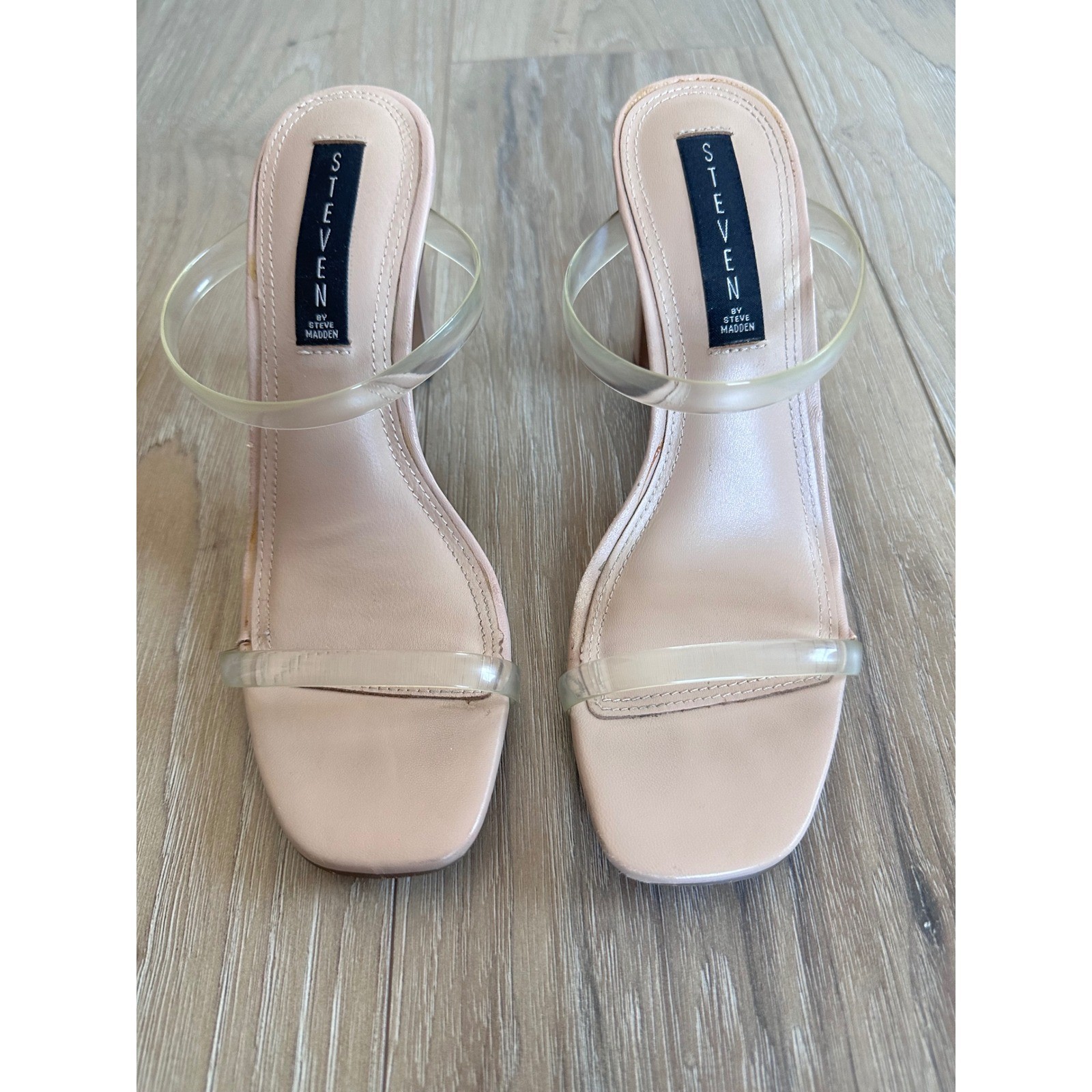 Steven by Steve Madden Blush Nude Clear Strap Block Heel Sandals Square Toe 7.5