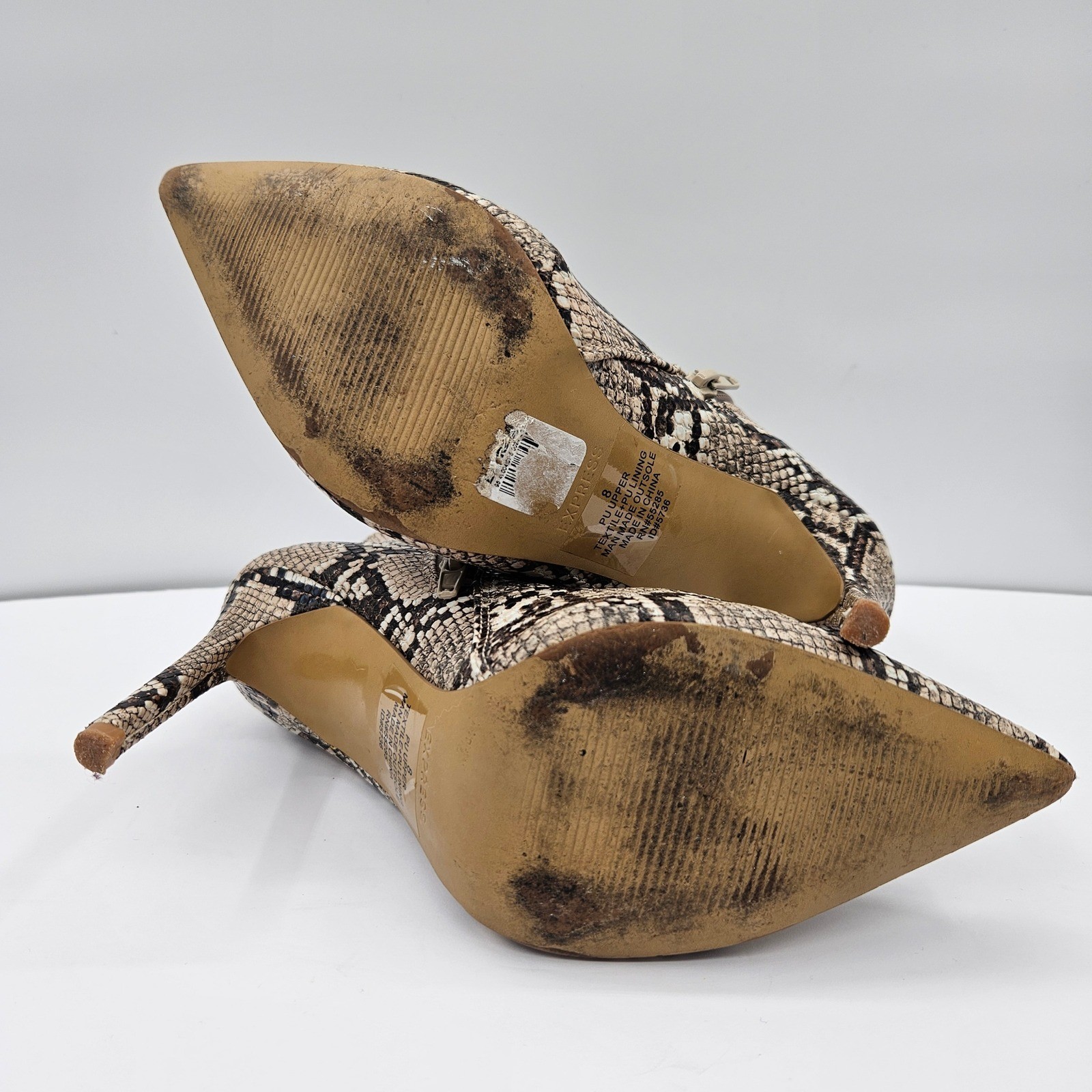 Express Snakeskin Print Pointed Toe 4.25″ Stiletto Ankle Boots Tan & Brown Sz 8