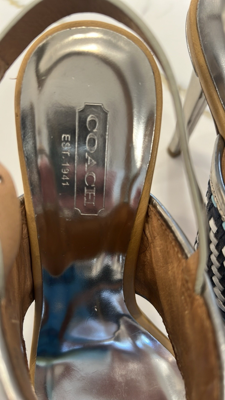Coach Steffi Blue Tan And Silver Woven Sandals