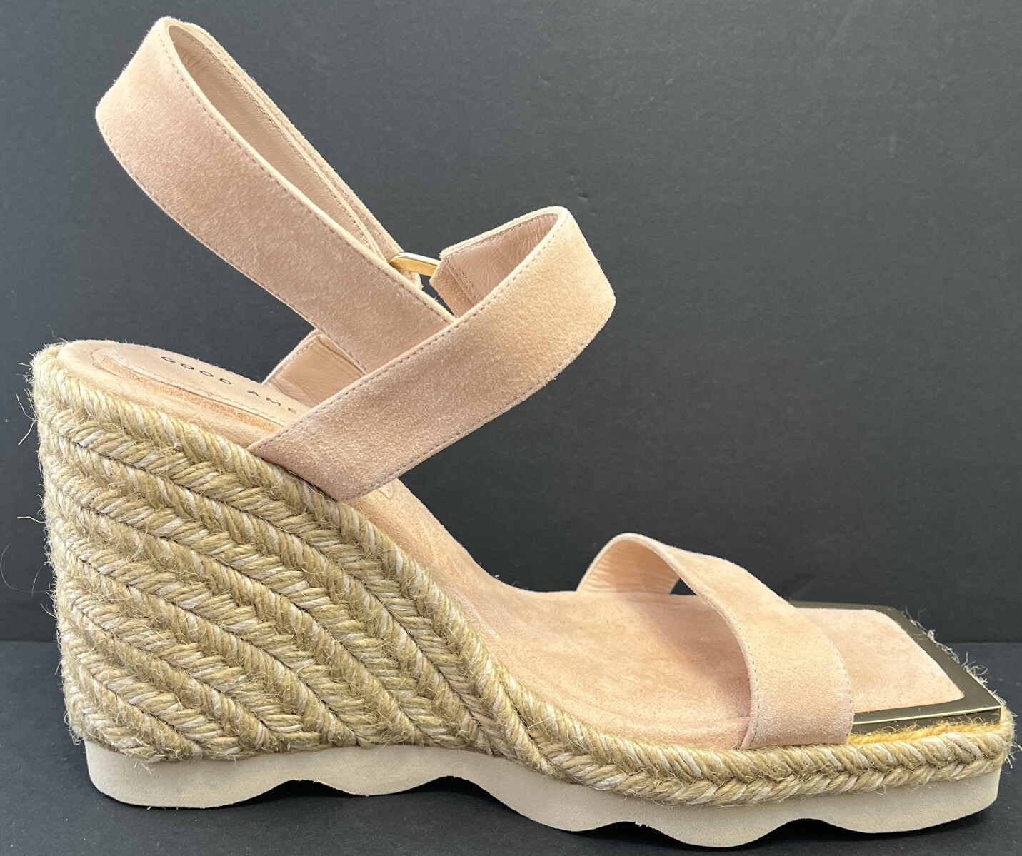 Good American Pale Pink Suede Gold Hardware Espadrille Wedge Sandals NEW Size 10