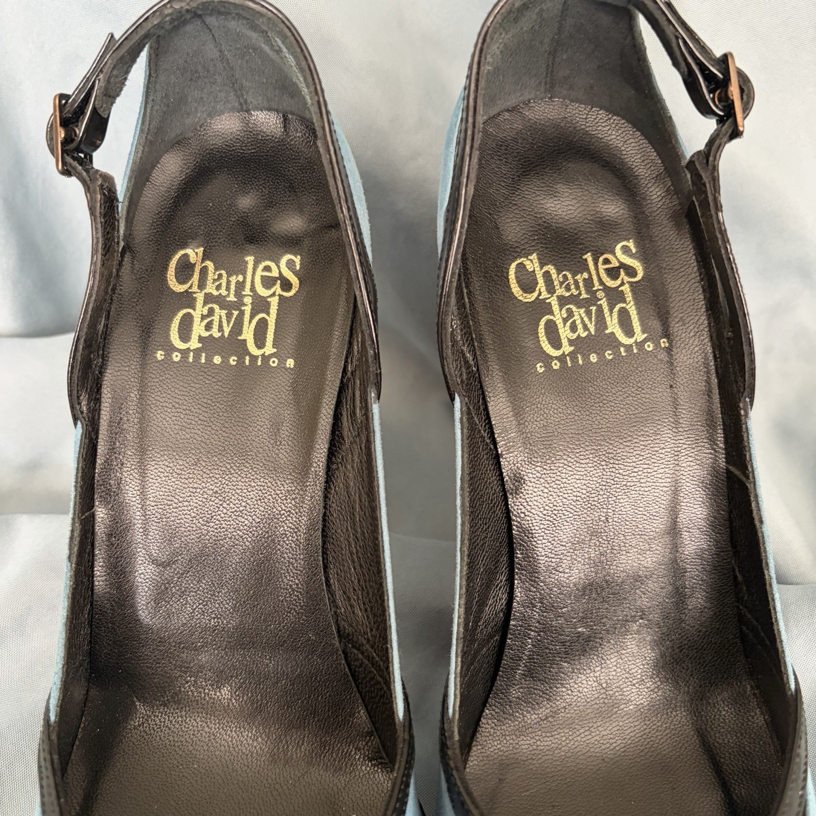 Charles David Vintage Heels Blue Suede Black Leather Slingback Sz 5.5 Classy