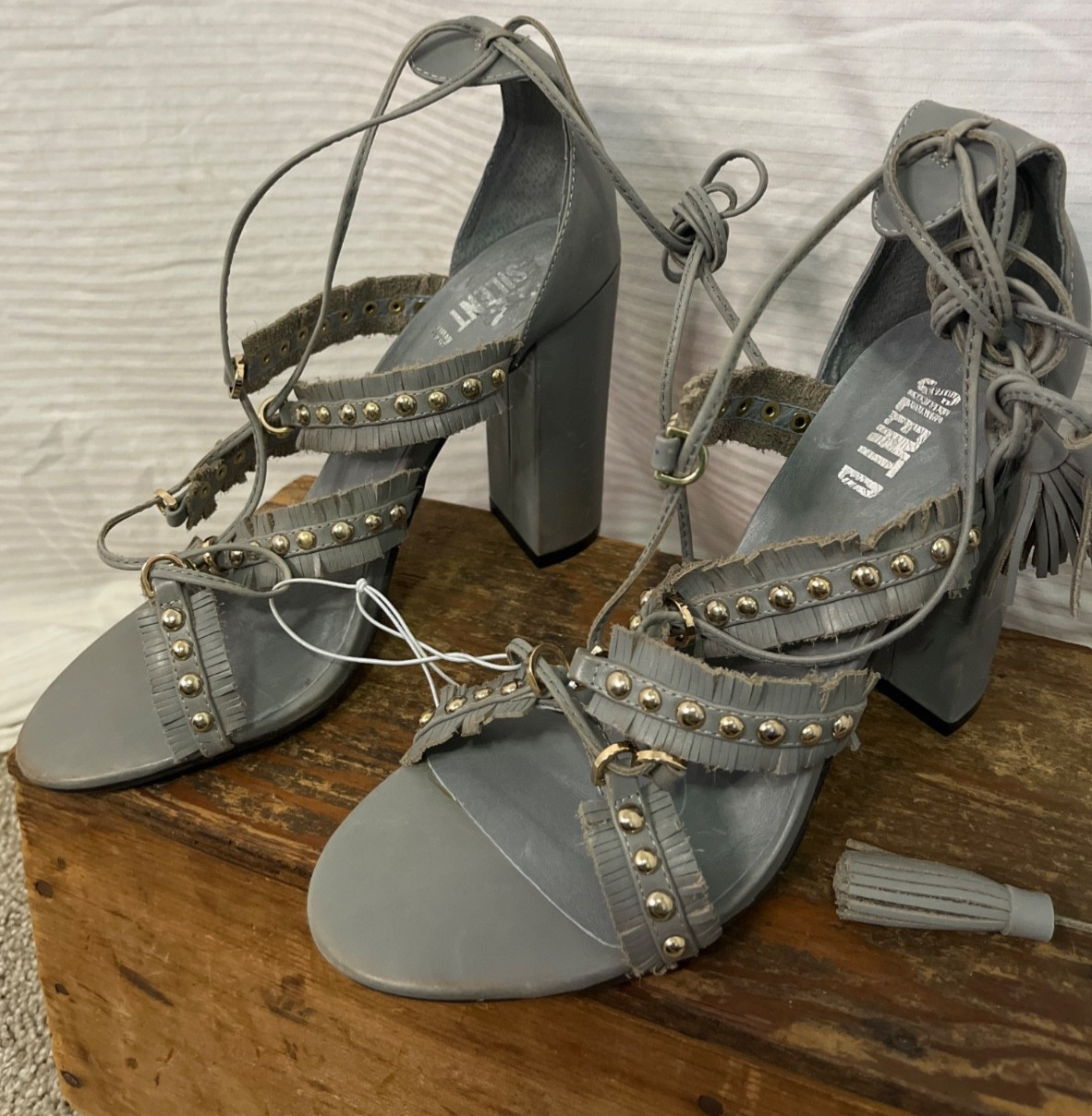 Anthropologie Silent D free People leather and fringe studded heels 40 Grey