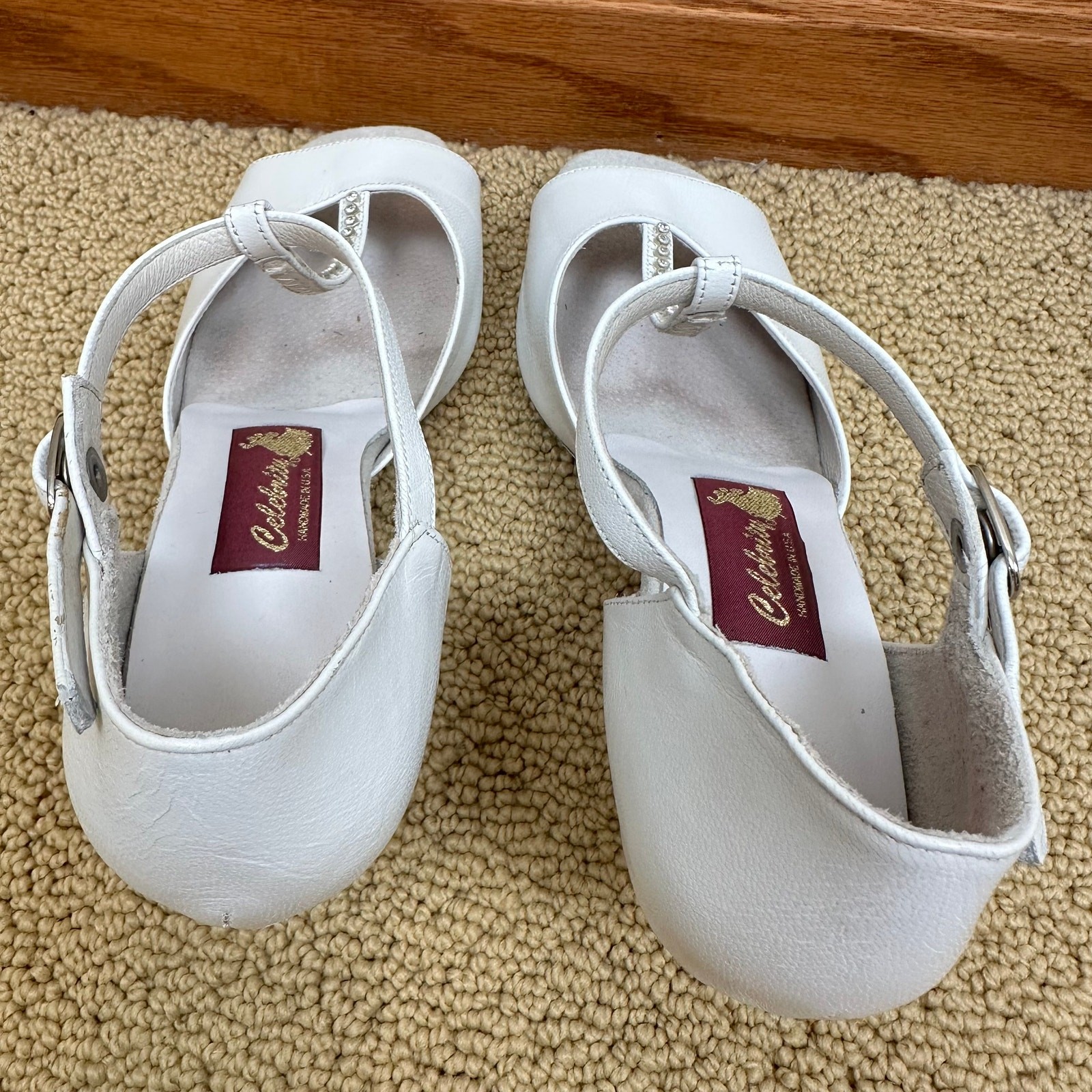 Celebrity Womens Dance Shoes Ballroom Latin T- Strap Heels Rhinestones White 9.5