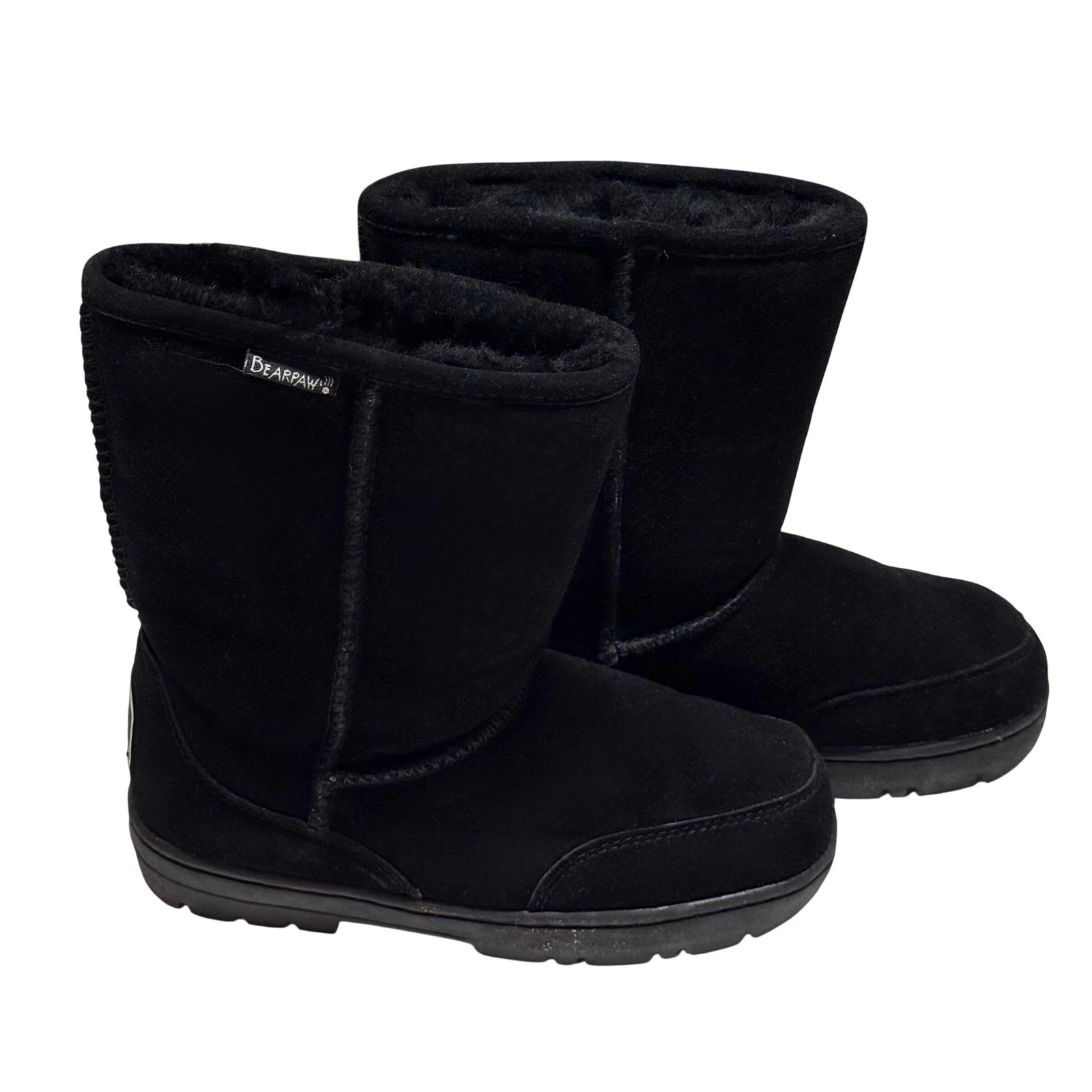 Bearpaw Patriot Black Suede Sheepskin Fur Lined Boots Women 8 Men 7 608W