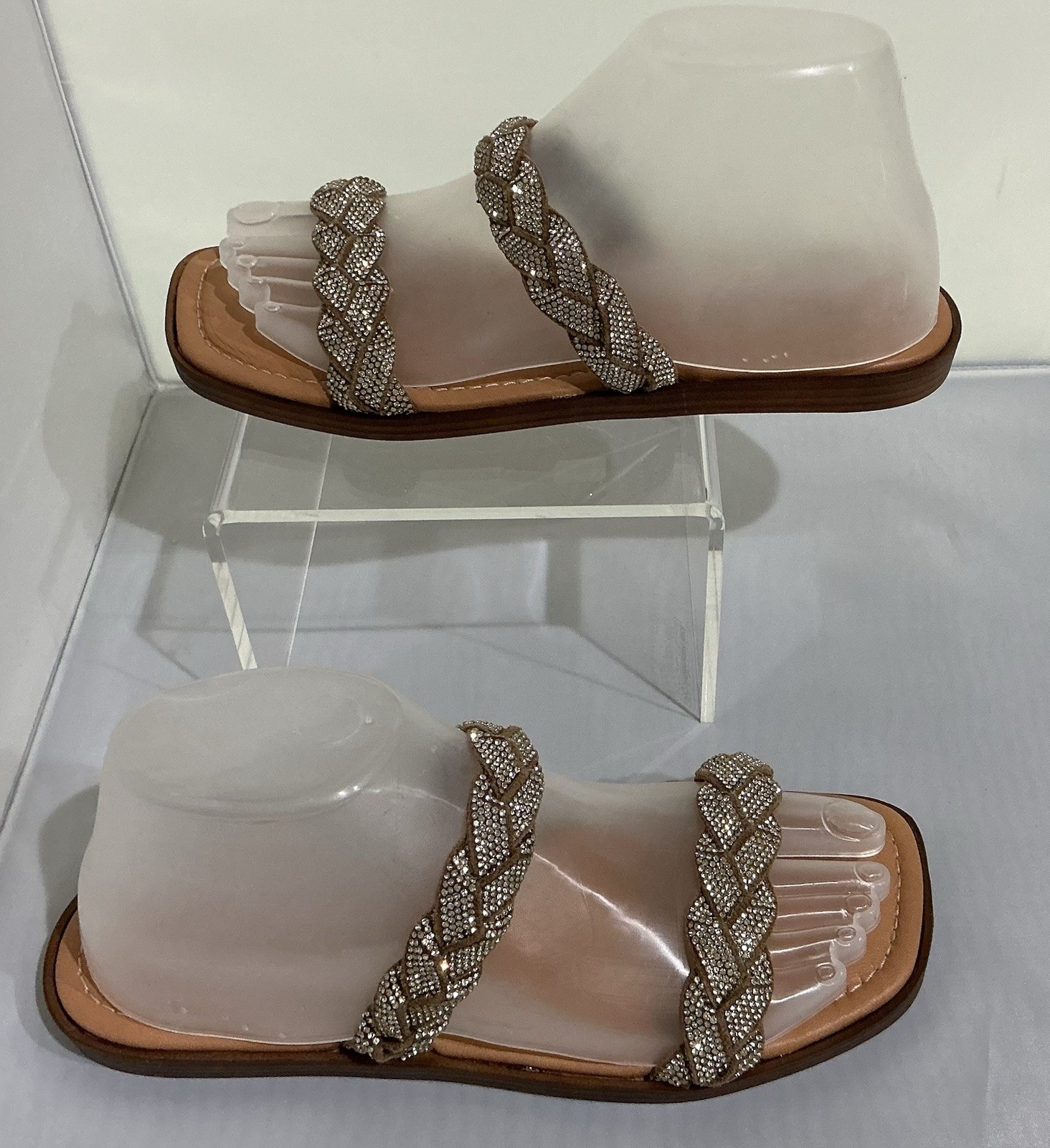 Mariella Made in Italy Women’s Rhinestone Braided Slide Sandals Taupe Bronze 7.5