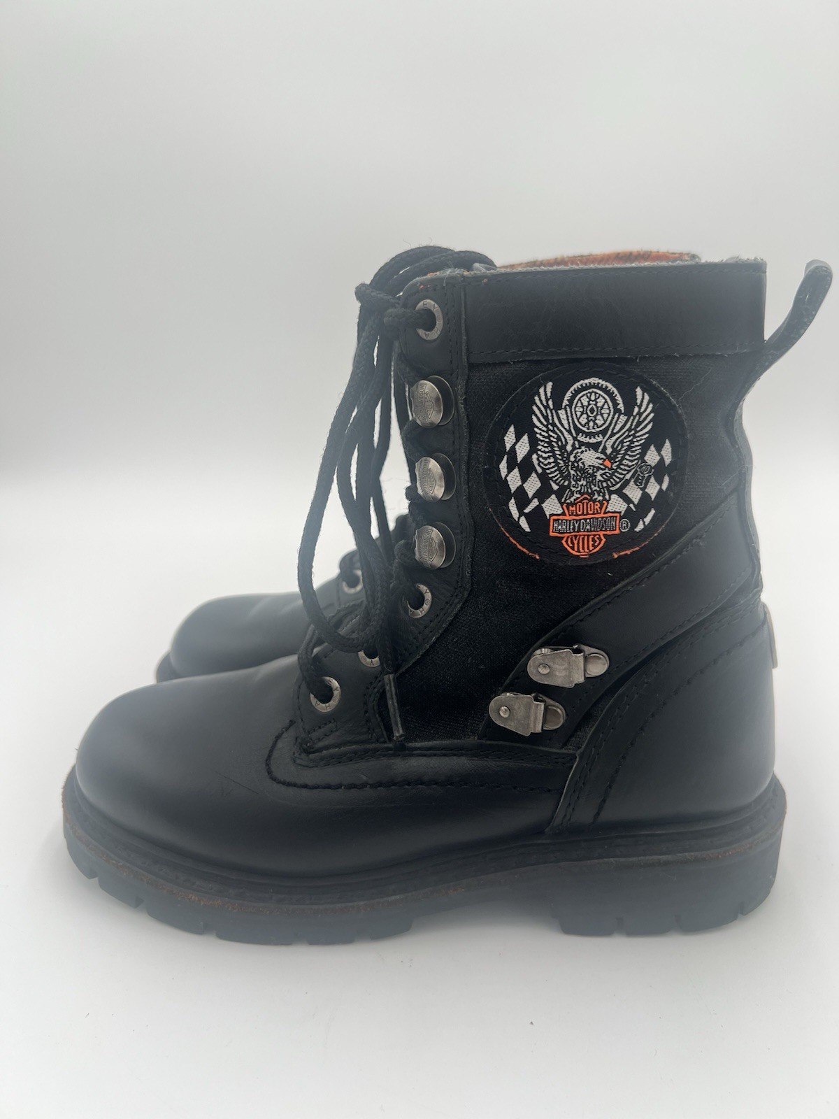 Harley Davidson Black Leather Motorcycle Boots Eagle Patch Lace Up Women’s 7M