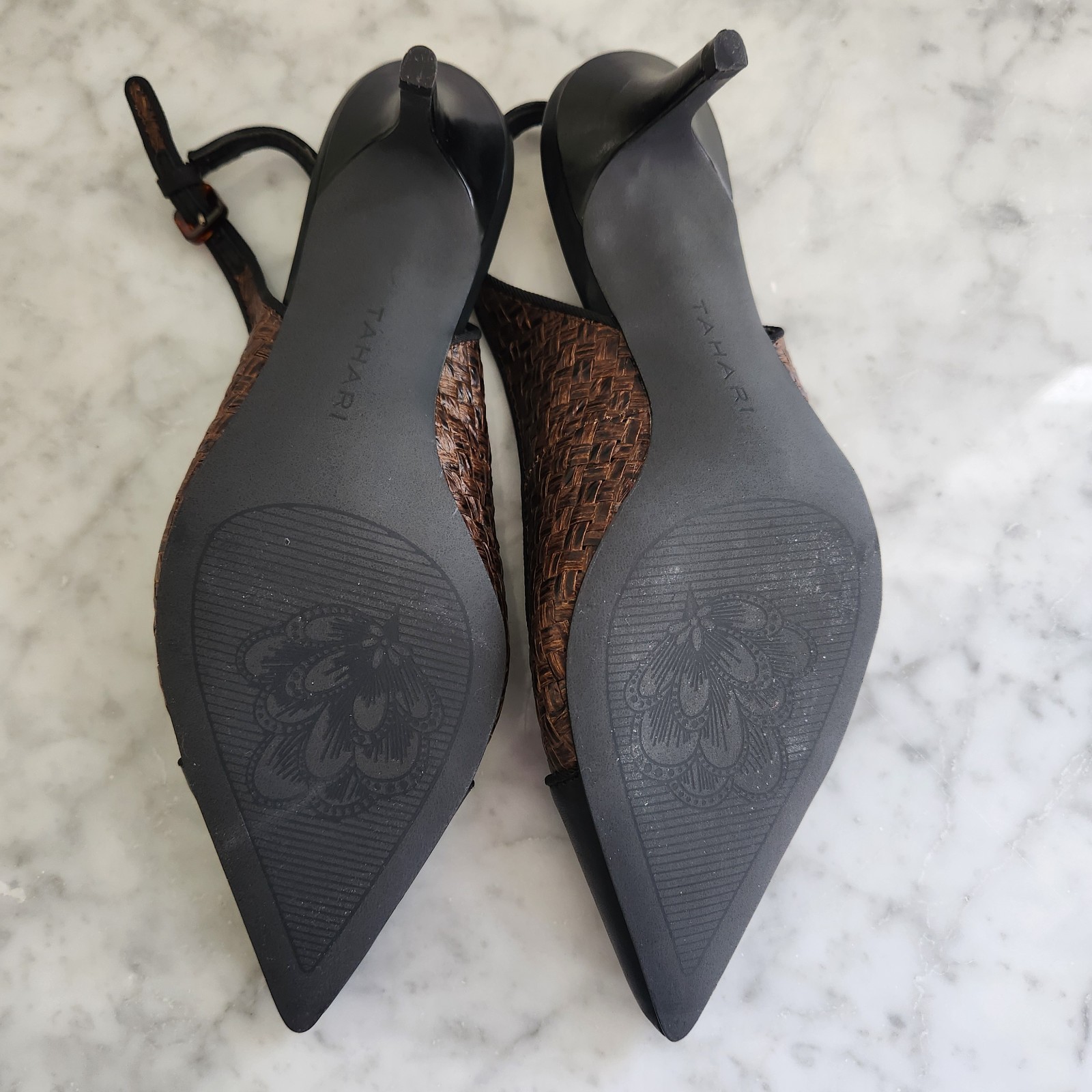 Tahari Womens Slingback Heels 6.5 Brown Black Cap Toe Woven Pointed Pumps