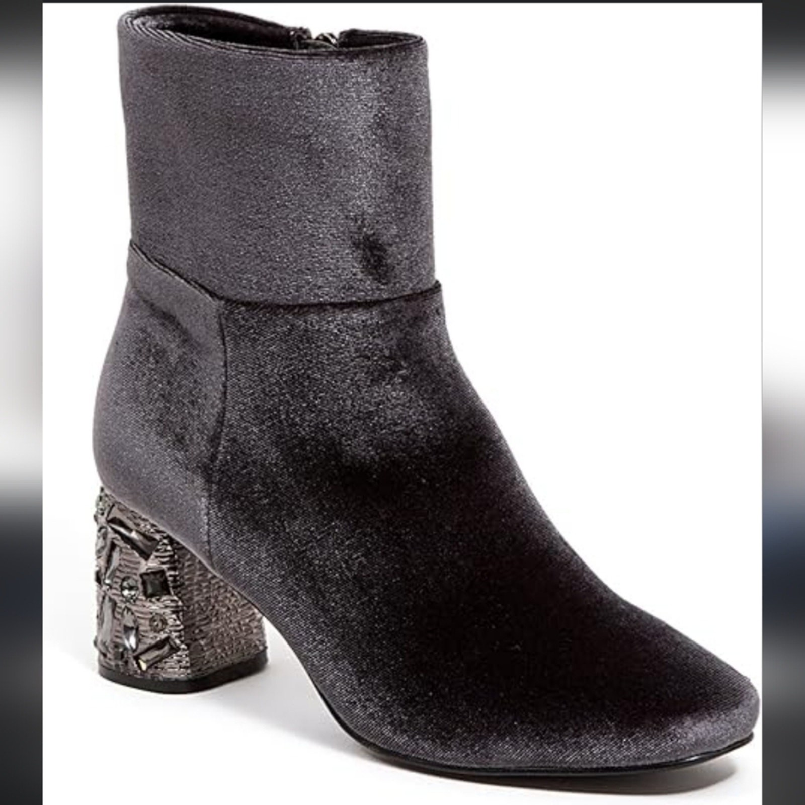 Ninety Union Lyon Gray Velour Ankle Boots Womens 11 Rhinestone Glam Chunky Heels