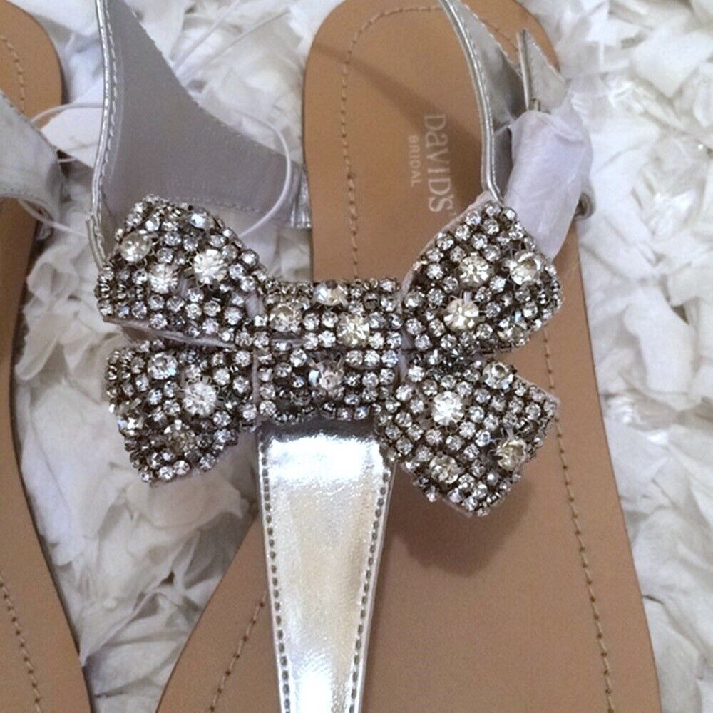 DAVID’s BRIDAL Silver Jeweled Bow Designer Thong Sandals 8
