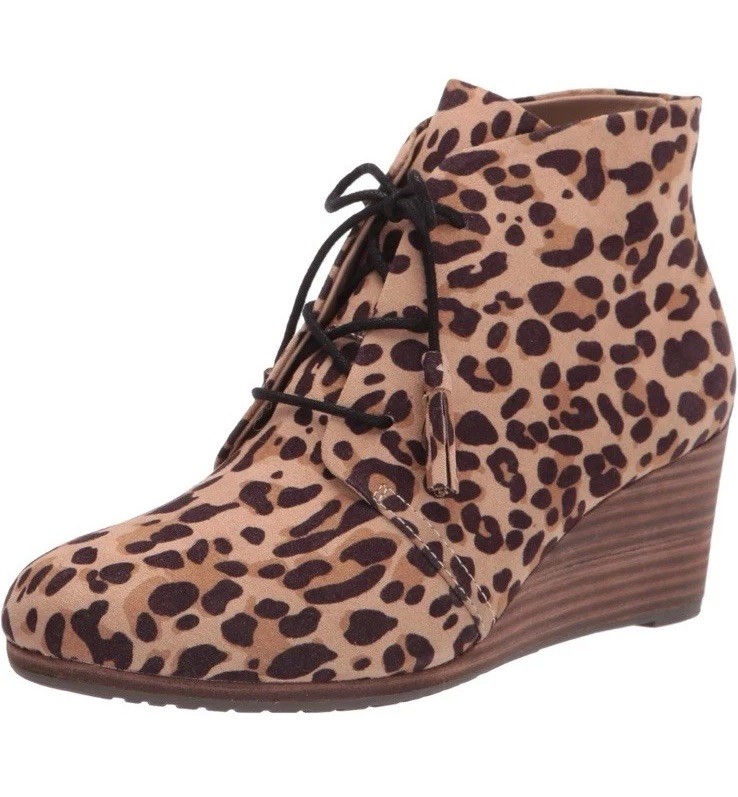Dr. Scholl’s Dakota Tan Black Leopard Print Tassel Closed Chunky Wedge Lace Up 9